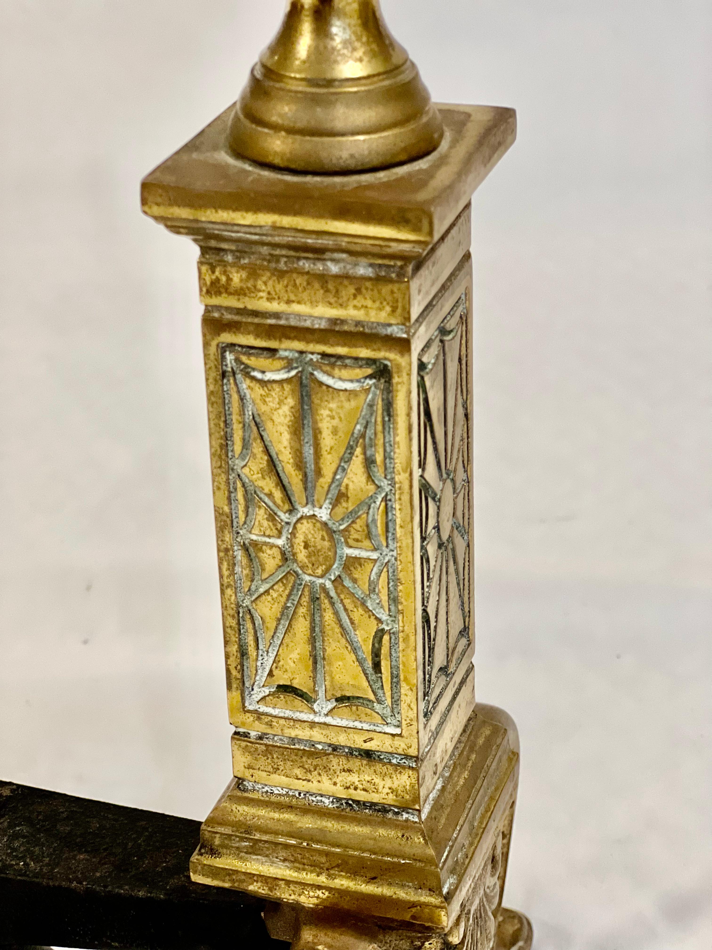 American Antique Brass Fireplace Andirons by Bennett For Sale