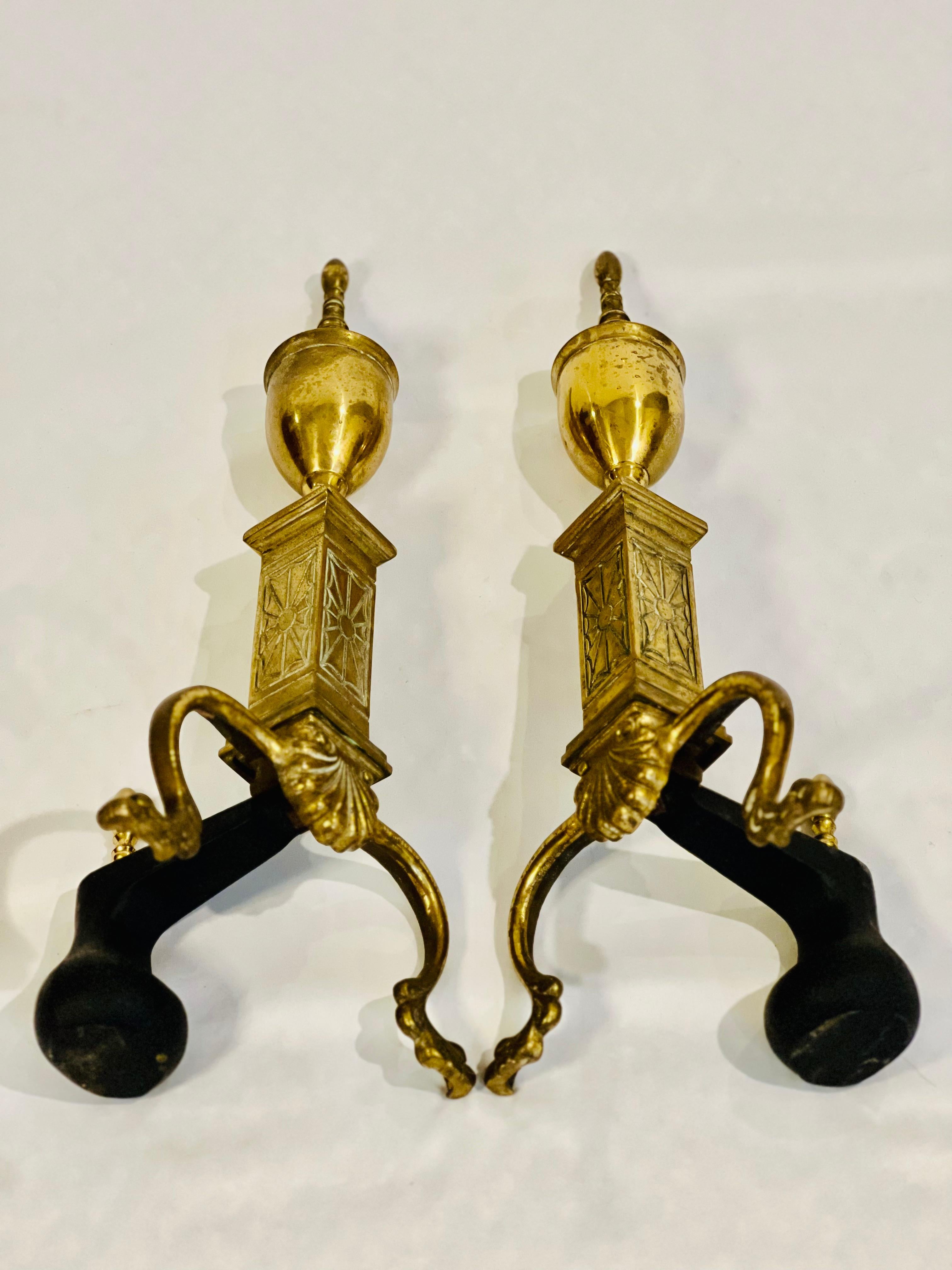 Antique Brass Fireplace Andirons by Bennett For Sale 1
