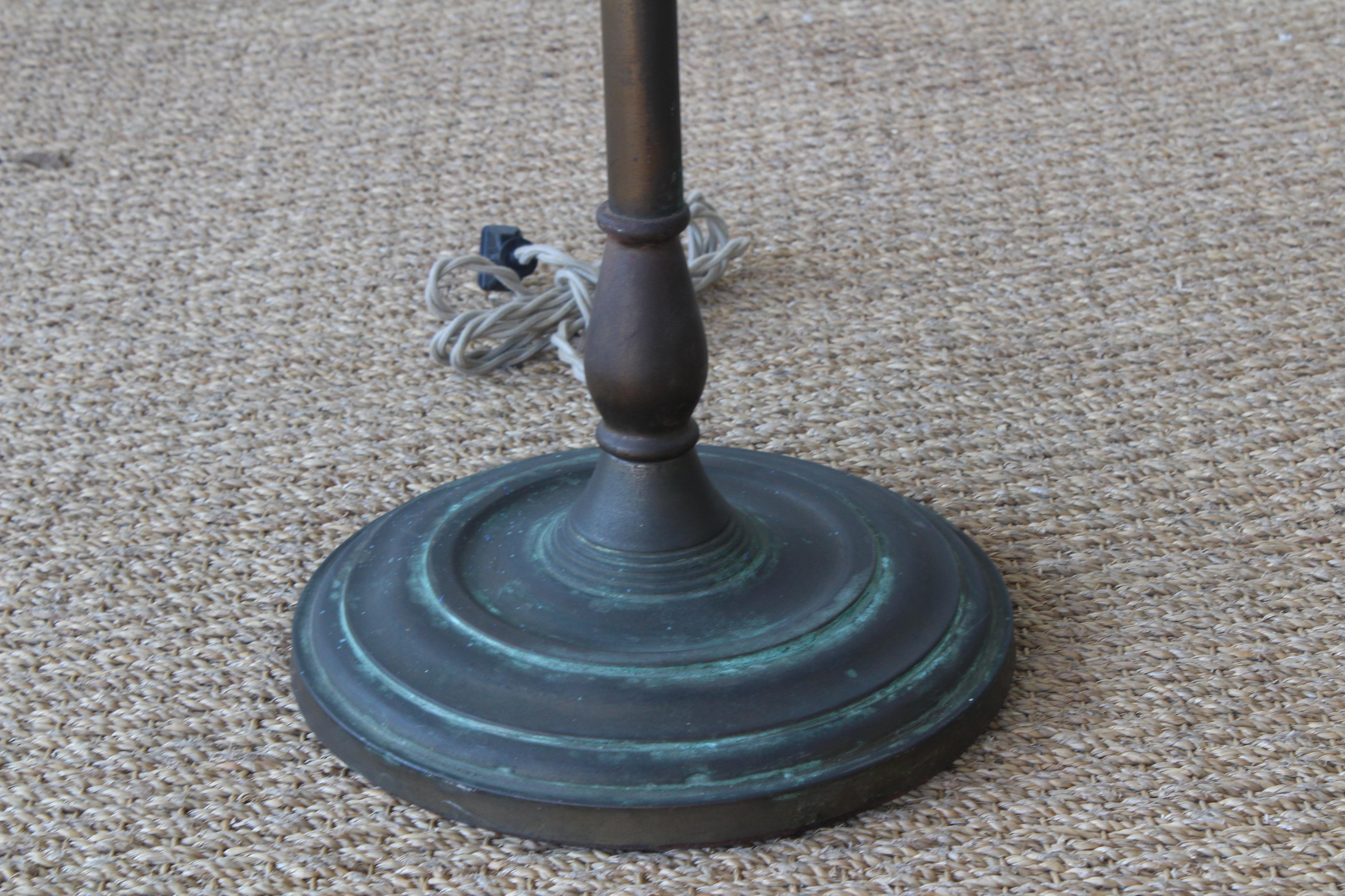 Antique brass floor lamp with verdigris patina, USA, 1940s. Newly rewired and fitted with a custom linen shade.
