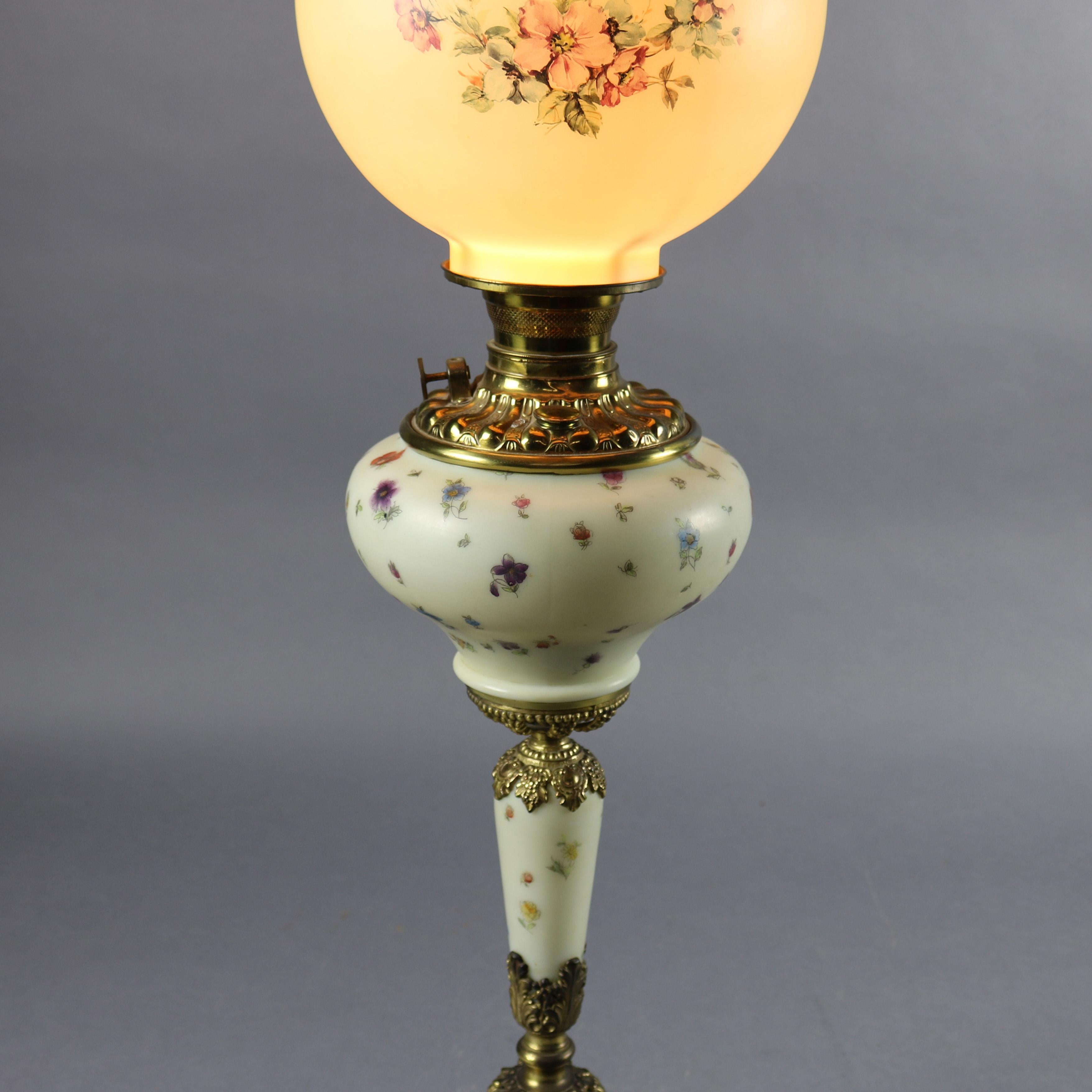 Victorian Antique Brass & Floral Hand Painted Porcelain Gone with the Wind Lamp circa 1880