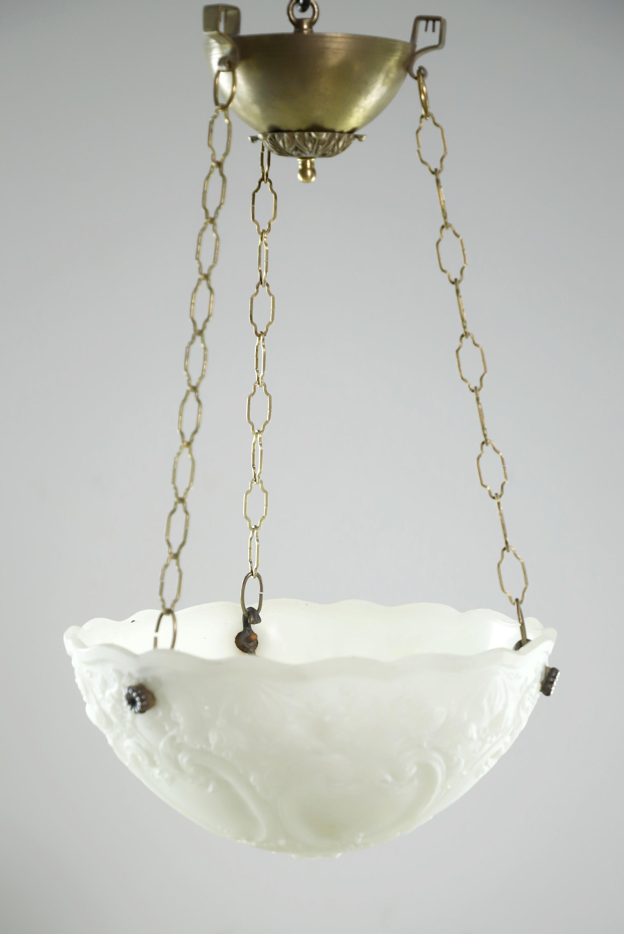 Neoclassical Antique Brass Floral White Milk Glass Dish Pendant Light For Sale