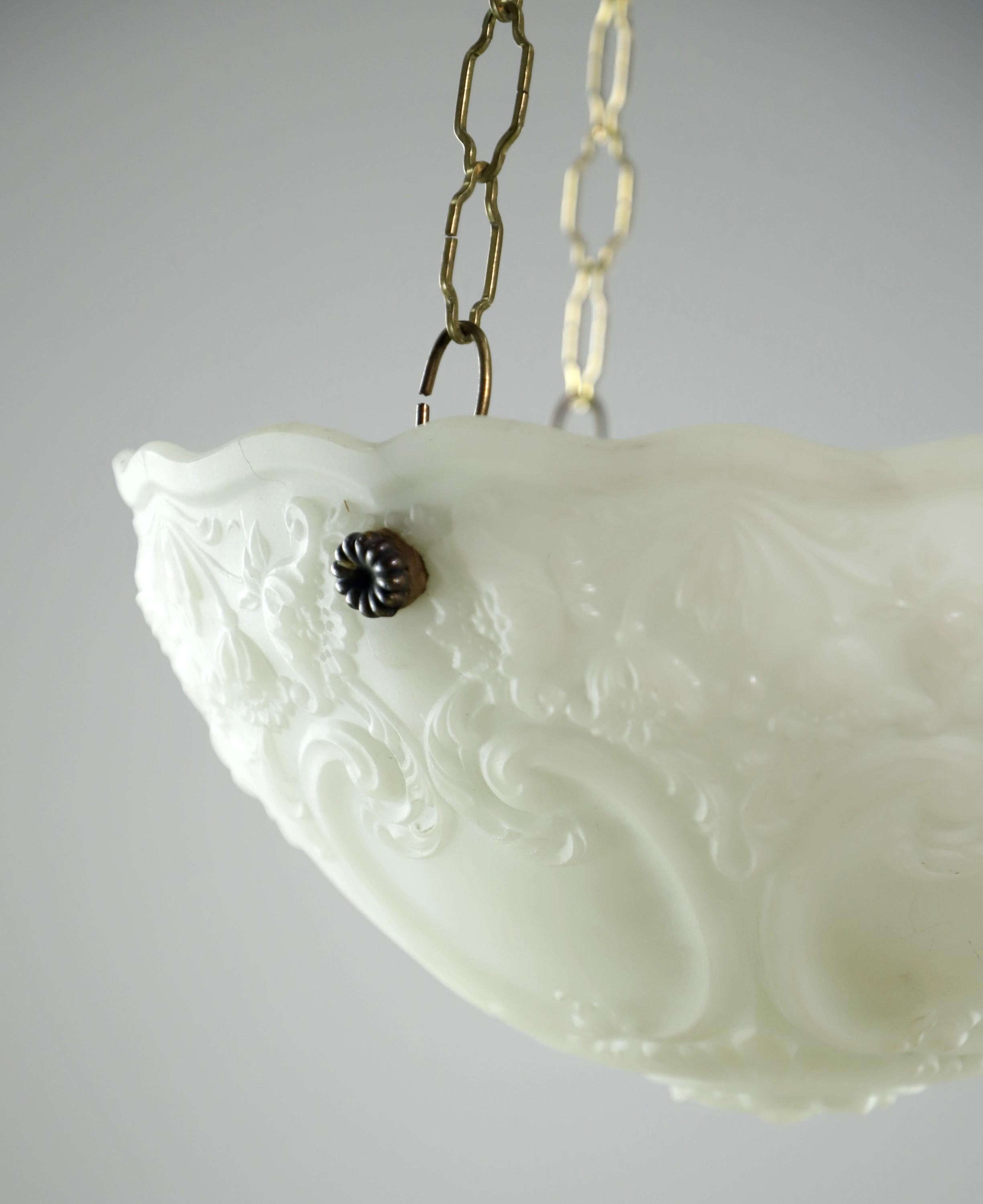 American Antique Brass Floral White Milk Glass Dish Pendant Light For Sale
