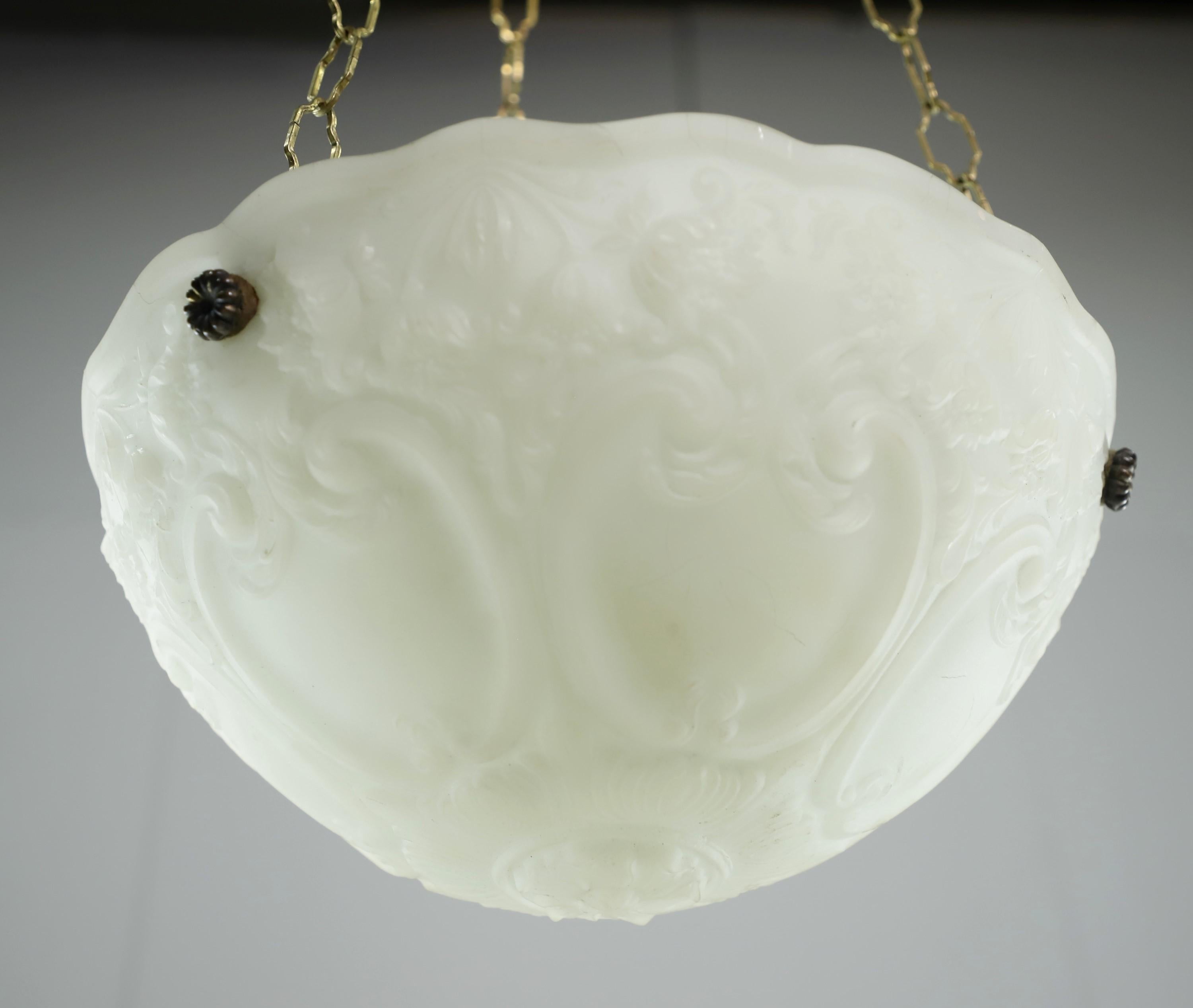 20th Century Antique Brass Floral White Milk Glass Dish Pendant Light For Sale