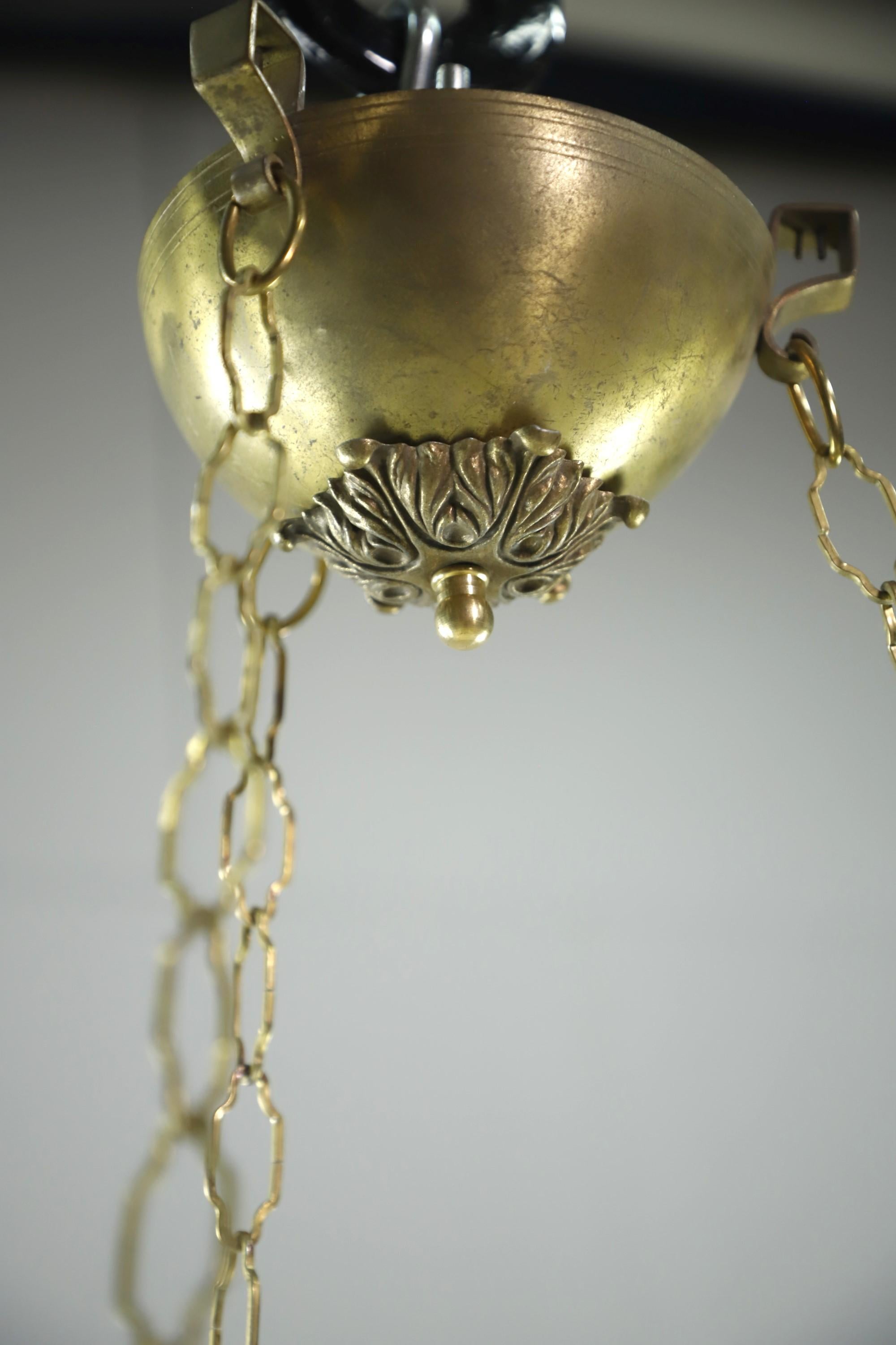 Antique Brass Floral White Milk Glass Dish Pendant Light For Sale 2