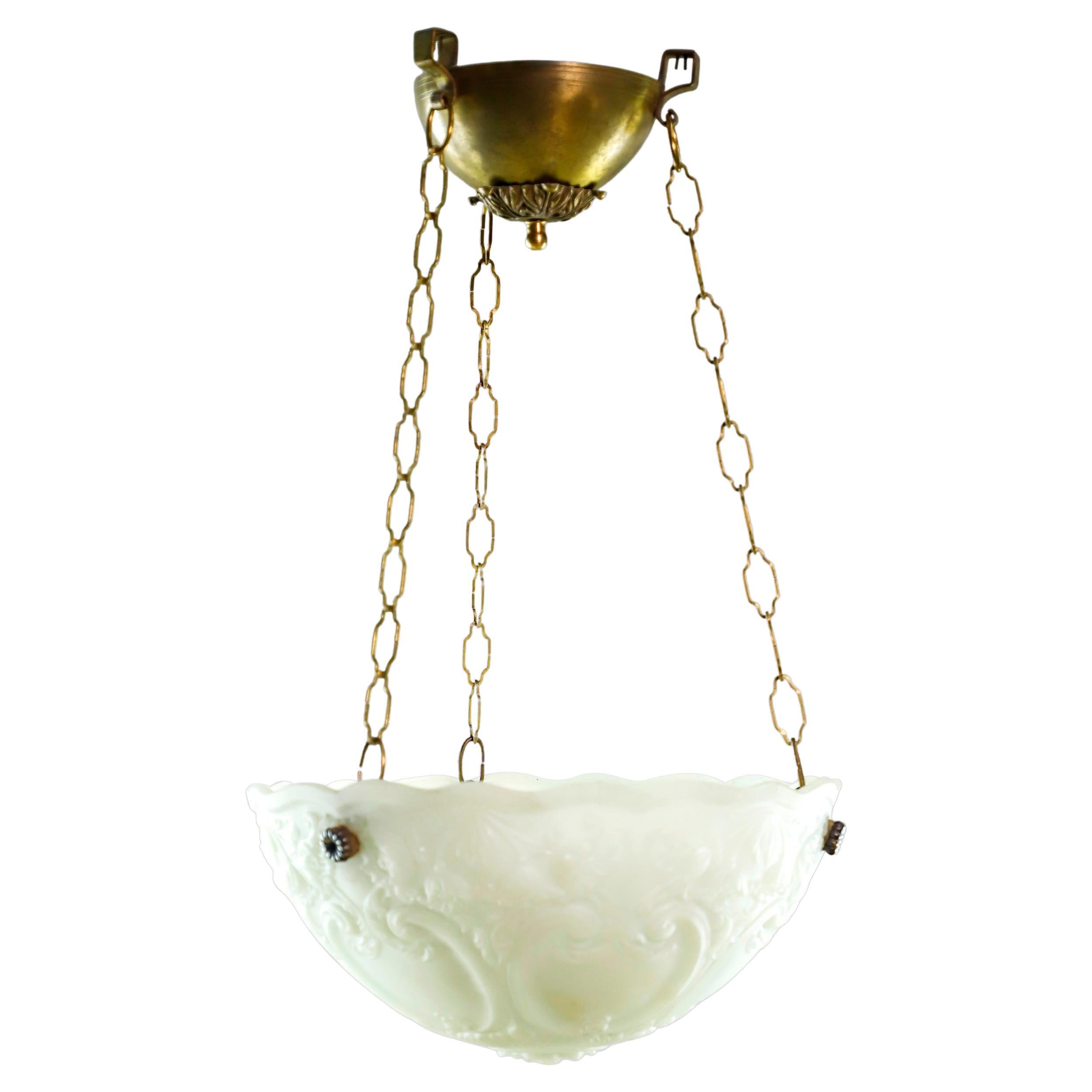 Antique Brass Floral White Milk Glass Dish Pendant Light For Sale