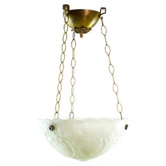 Antique Brass Floral White Milk Glass Dish Pendant Light