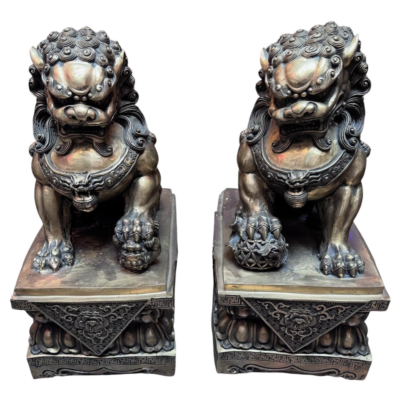 Antique Brass Foo Dog Statues - Pair