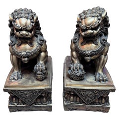 Antique Brass Foo Dog Statues - Pair