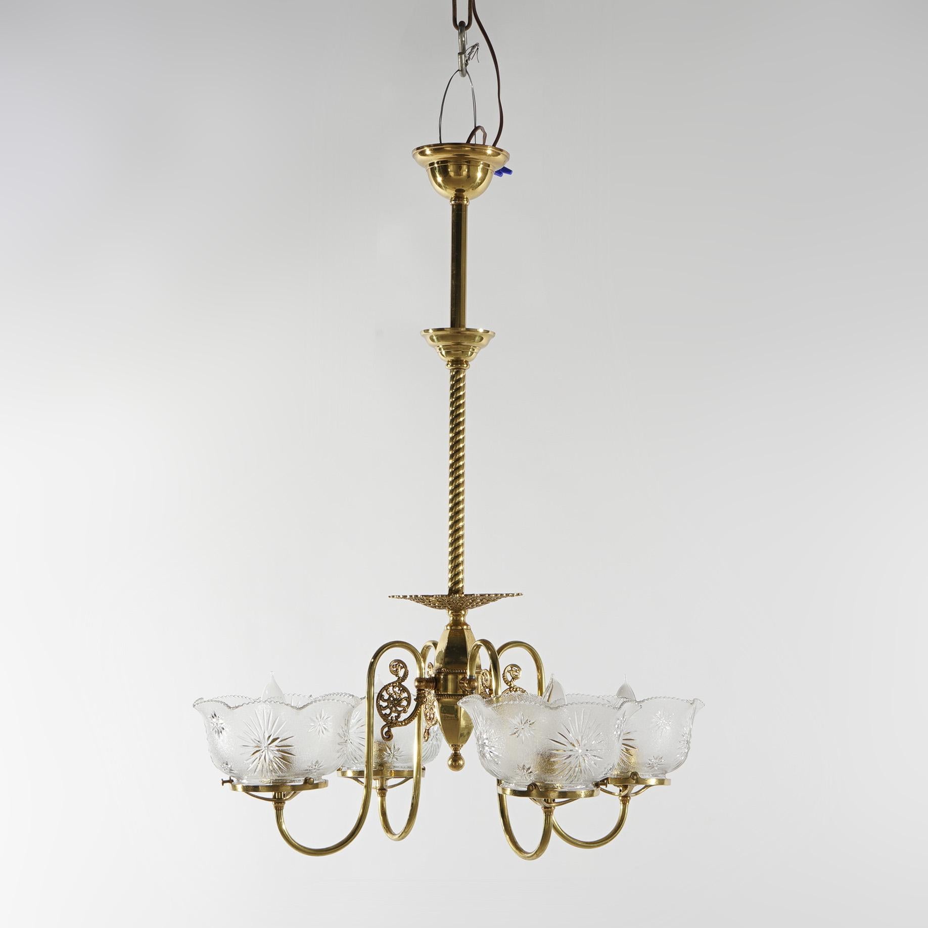 American Antique Brass Four-Arm Gas Light Hanging Fixture with Glass Shades C1880 For Sale