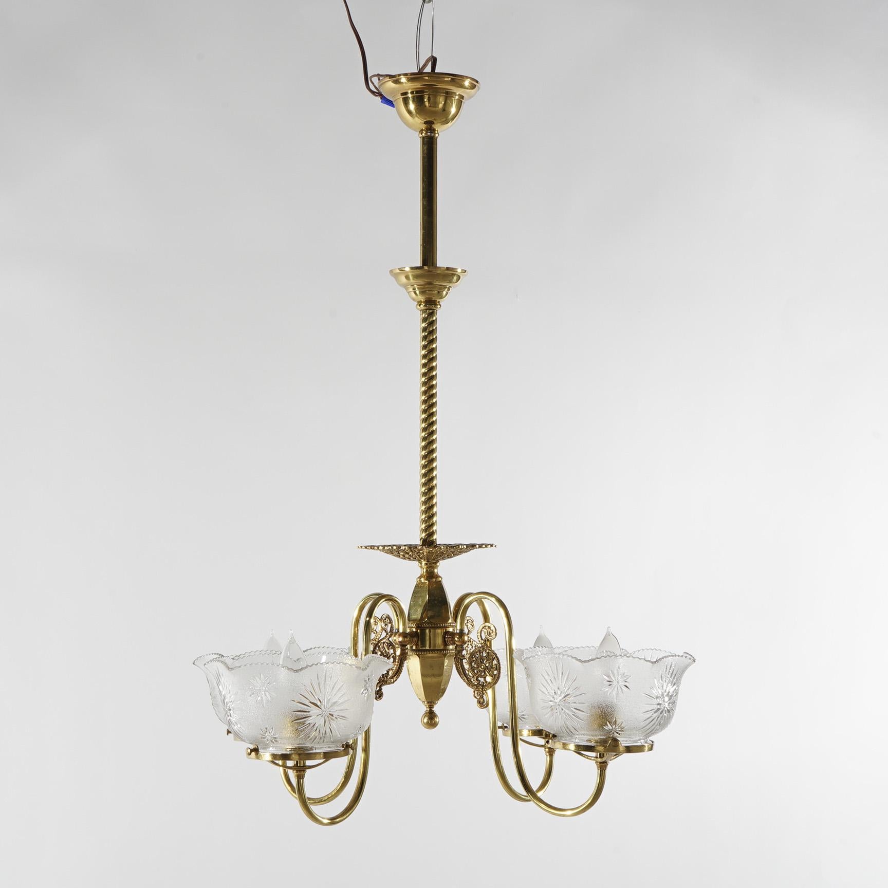 Antique Brass Four-Arm Gas Light Hanging Fixture with Glass Shades C1880 In Good Condition For Sale In Big Flats, NY