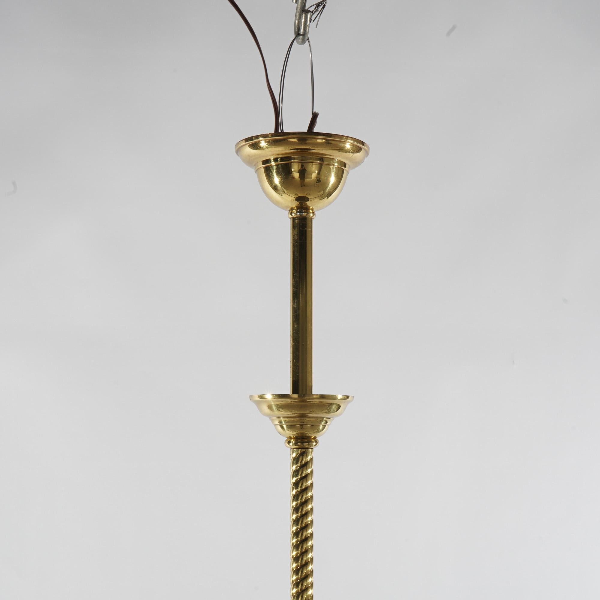 Antique Brass Four-Arm Gas Light Hanging Fixture with Glass Shades C1880 For Sale 2