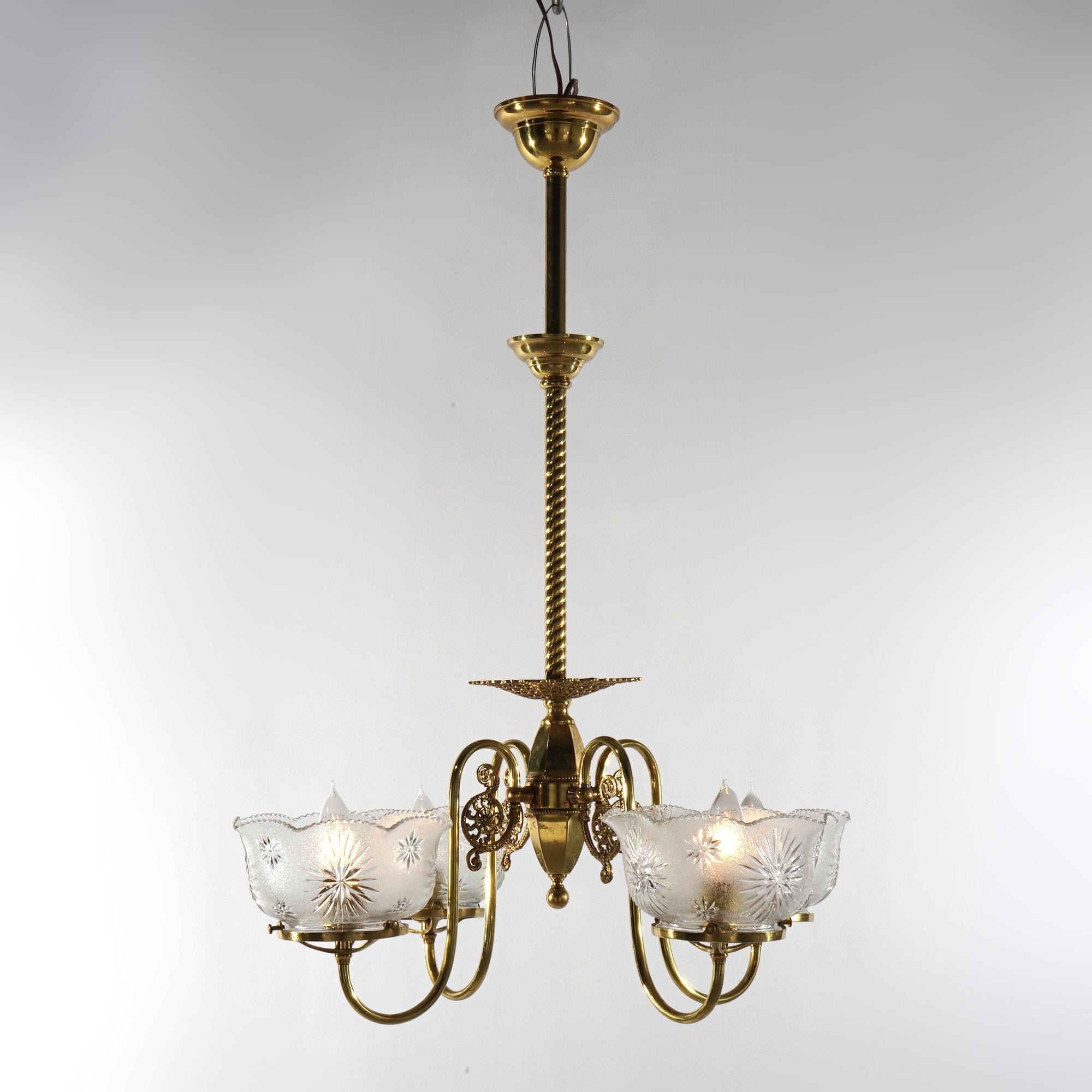 Antique Brass Four-Arm Gas Light Hanging Fixture with Glass Shades C1880 For Sale 4