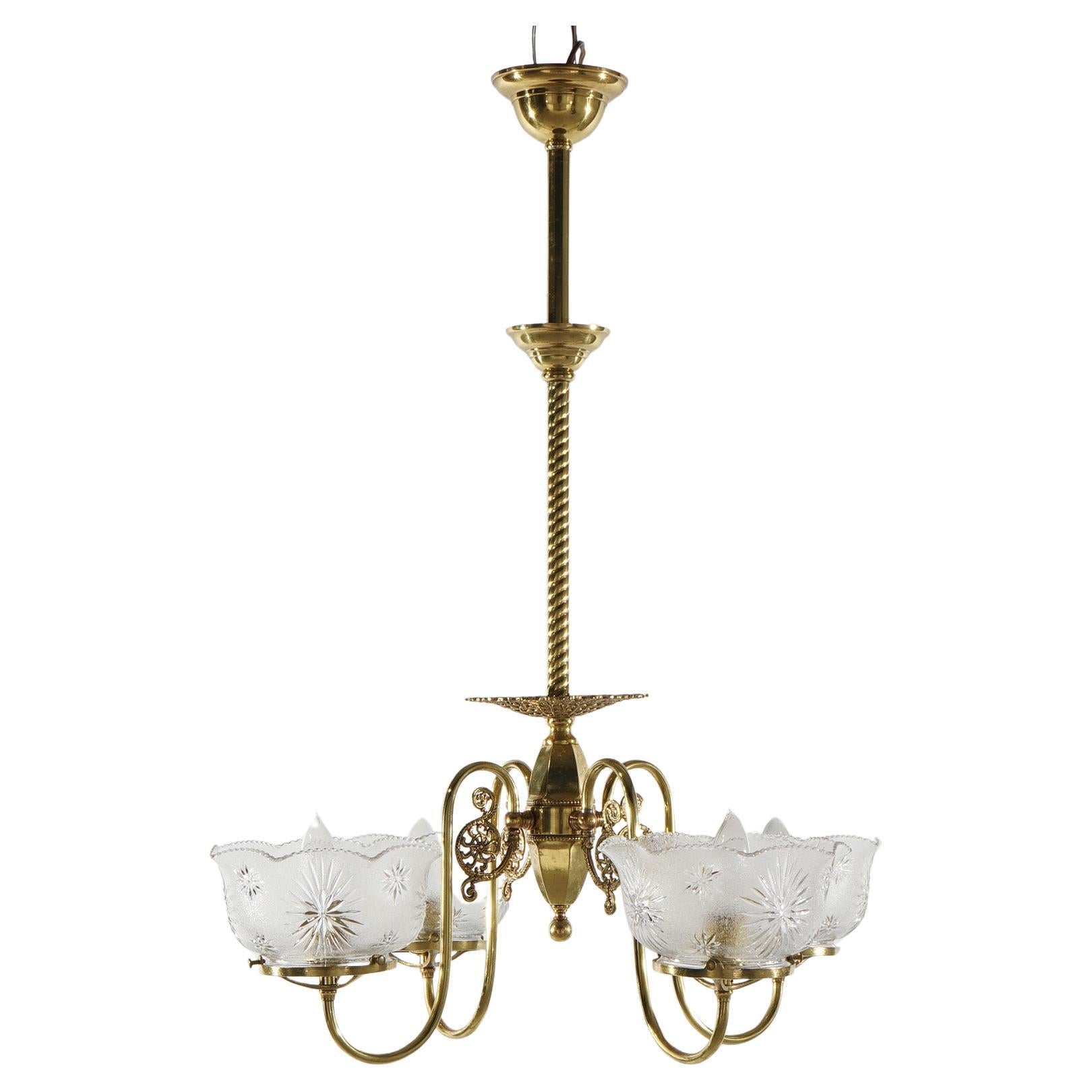 Antique Brass Four-Arm Gas Light Hanging Fixture with Glass Shades C1880 For Sale