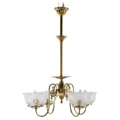 Vintage Brass Four-Arm Gas Light Hanging Fixture with Glass Shades C1880