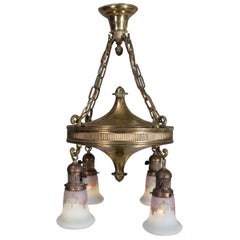 Vintage Brass Four-Light Drop Ogee Chandelier with Gilt and Painted Shades