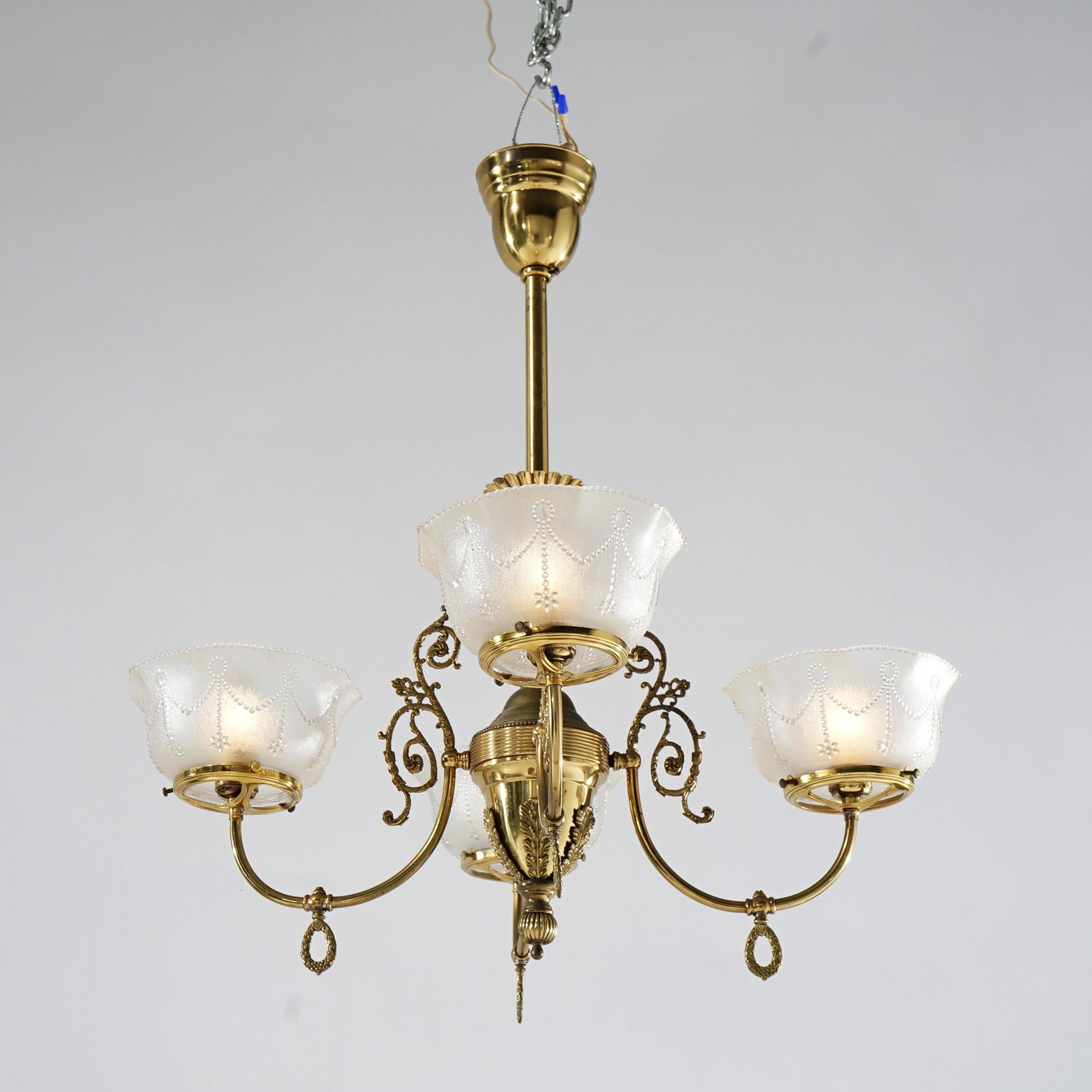 Antique Brass Four-Light Gas Hanging Fixture, Converted to Electric, 19th C 5