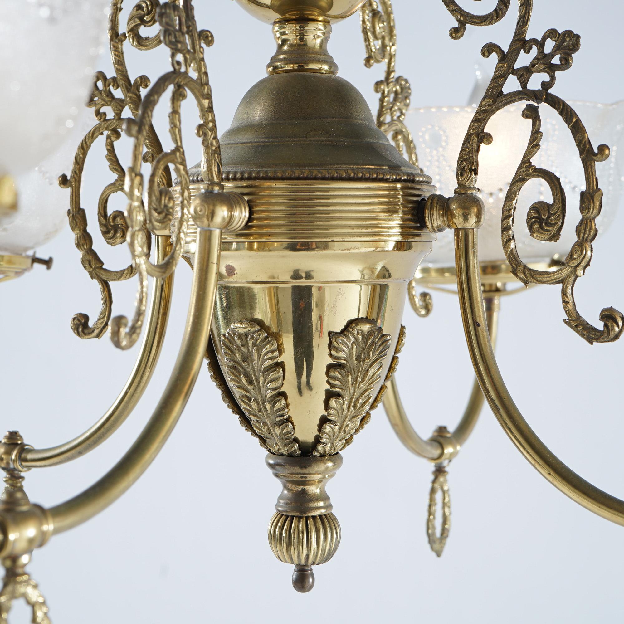 American Antique Brass Four-Light Gas Hanging Fixture, Converted to Electric, 19th C