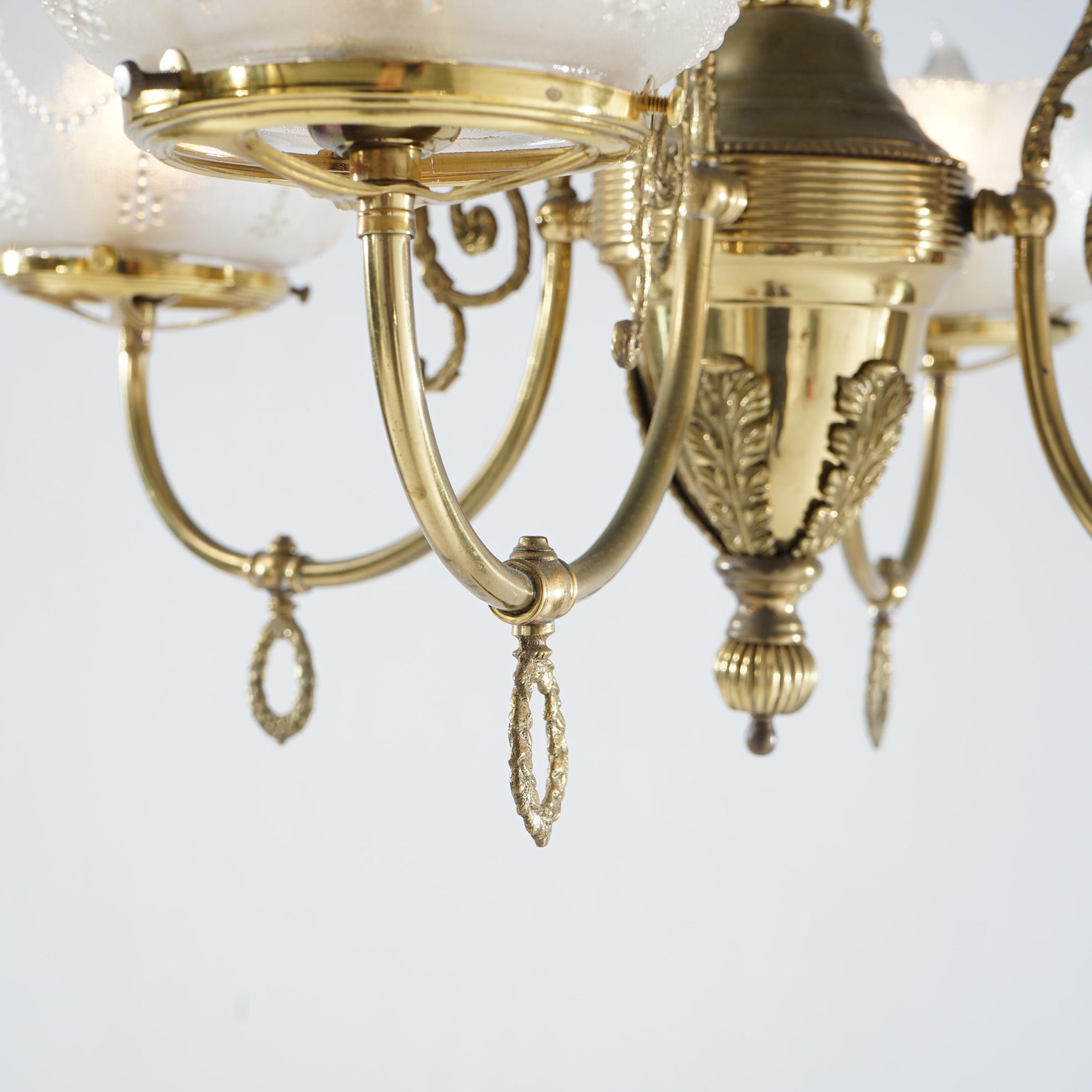 Antique Brass Four-Light Gas Hanging Fixture, Converted to Electric, 19th C In Good Condition In Big Flats, NY