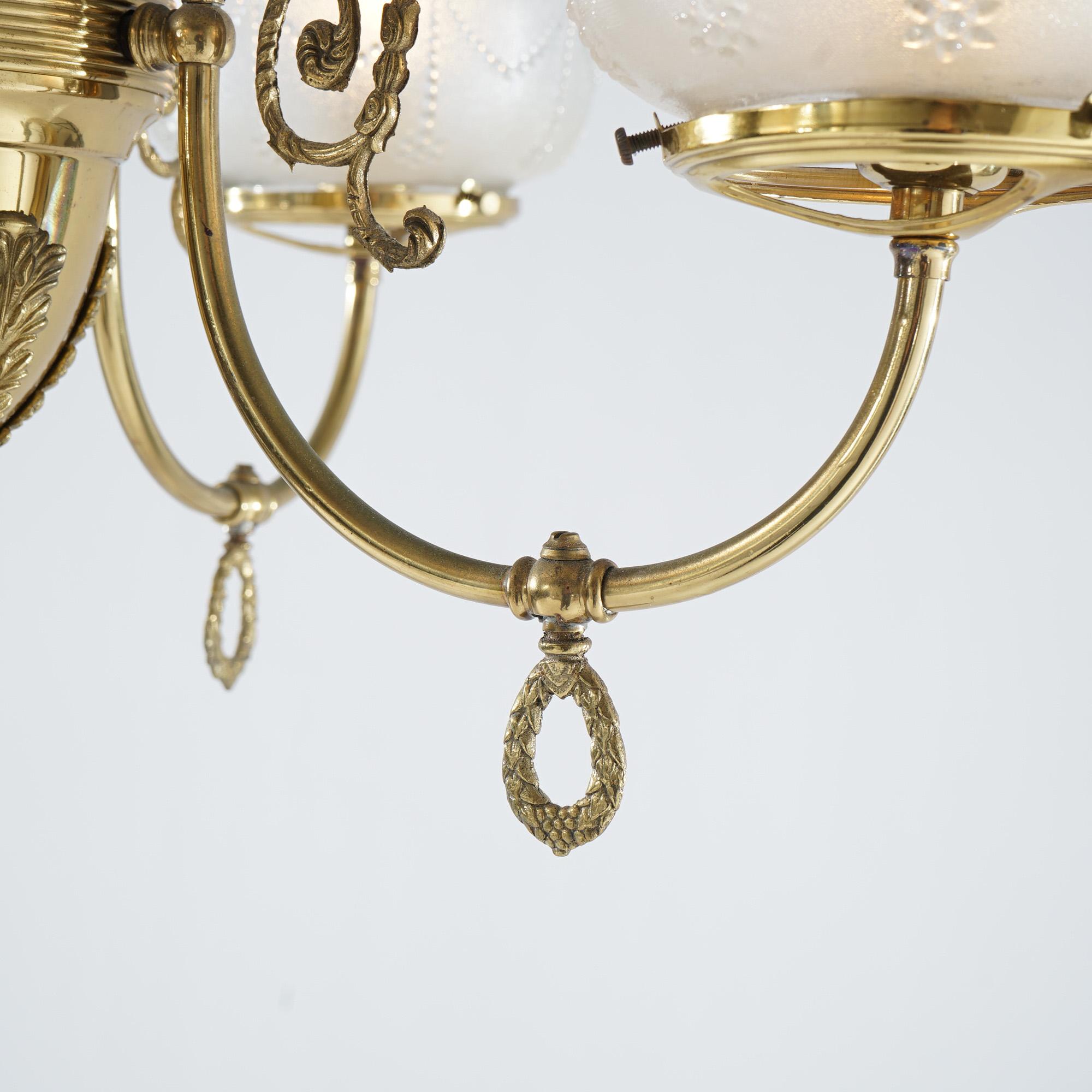 19th Century Antique Brass Four-Light Gas Hanging Fixture, Converted to Electric, 19th C