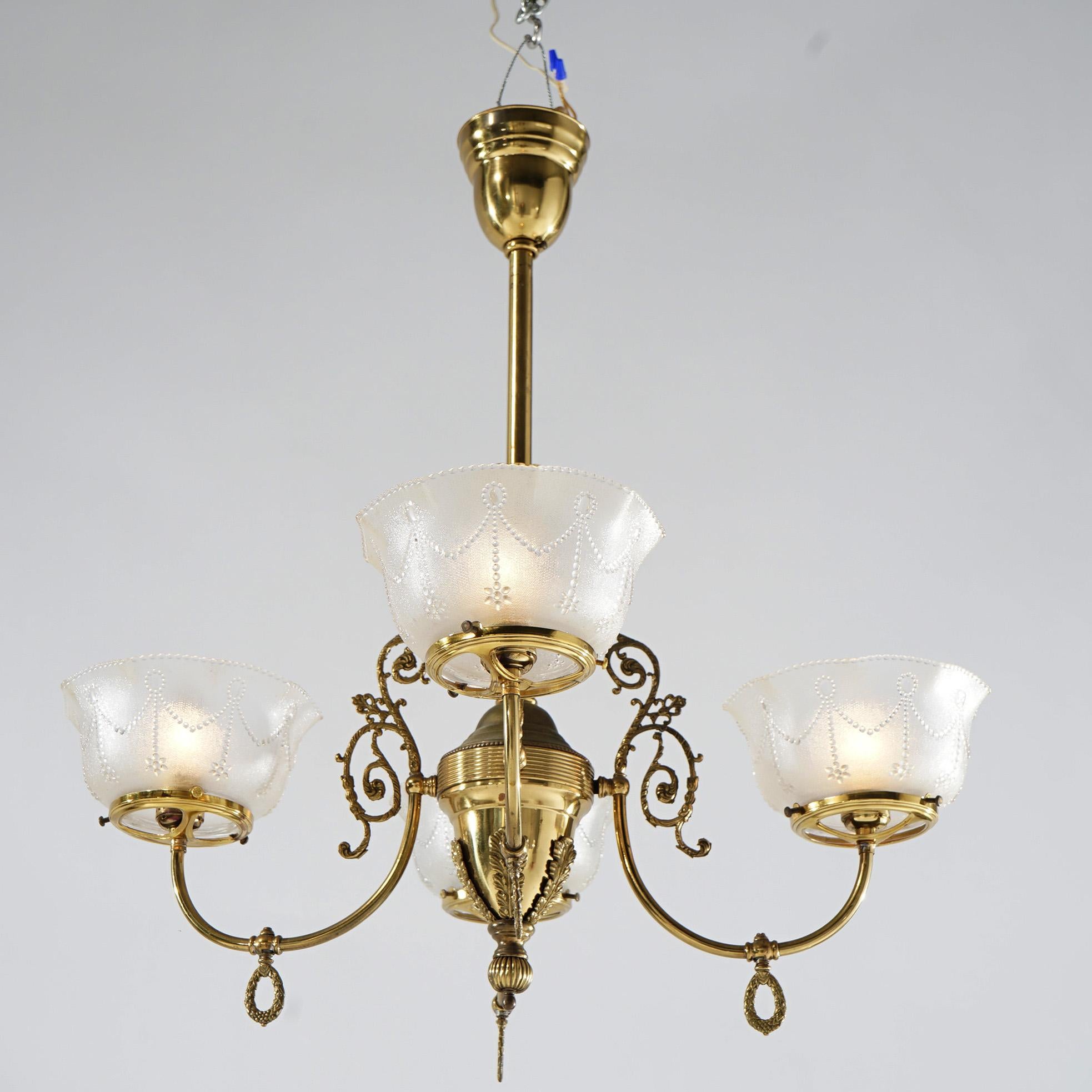 Antique Brass Four-Light Gas Hanging Fixture, Converted to Electric, 19th C 4
