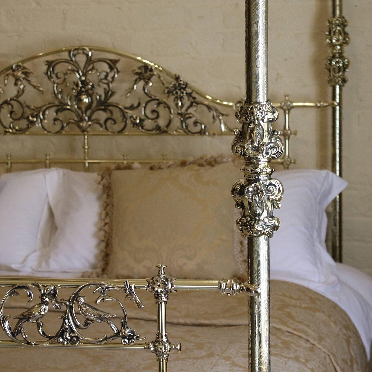 A magnificent all brass four poster bed with etched posts, ornate brass fittings, decorative brass knee-caps, delicate castings depicting song birds and serpentine canopy with brass crown.

This superb four poster bed was originally manufactured