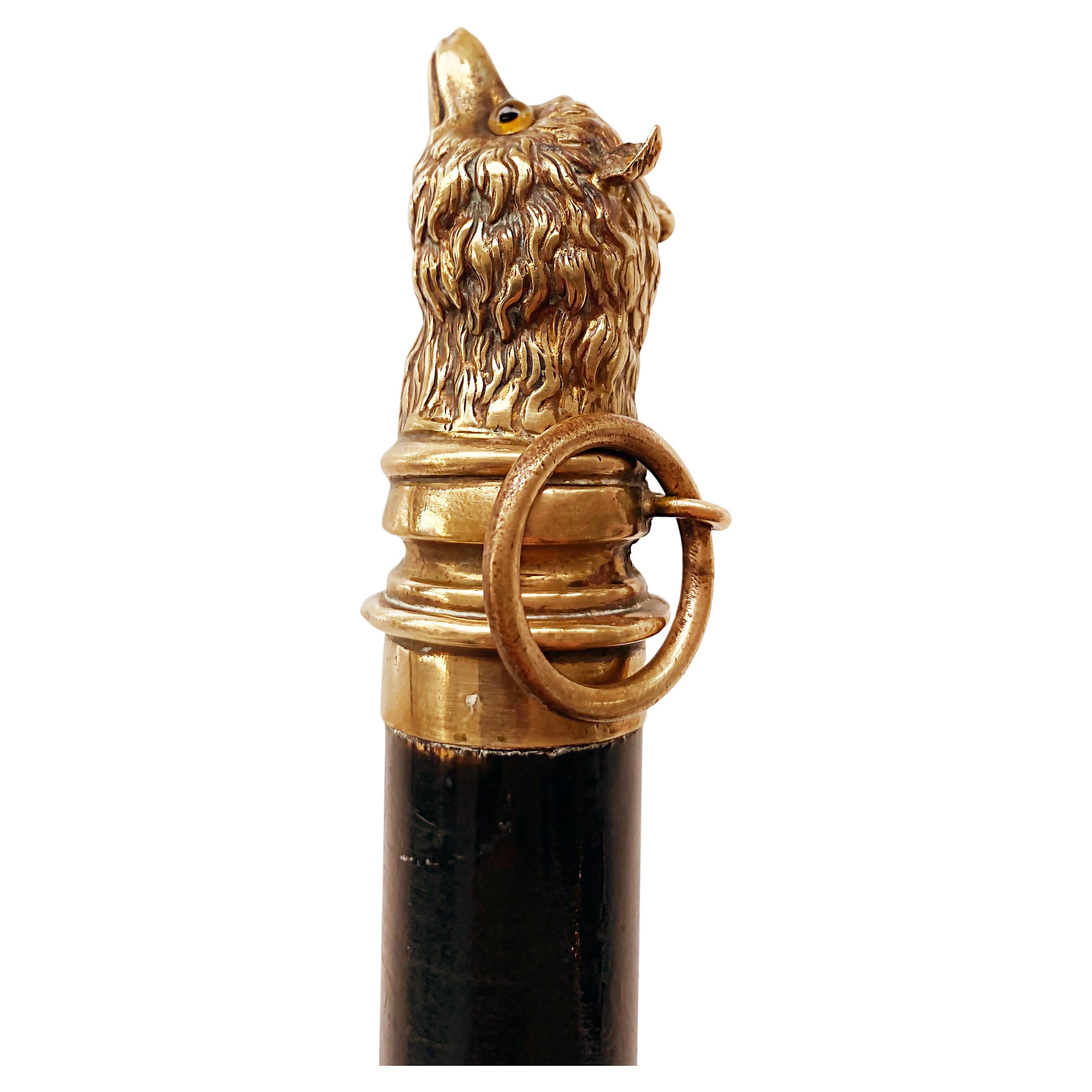 Antique Brass Fox Head Walking Stick, Glass Eyes, Scarf Ring For Sale