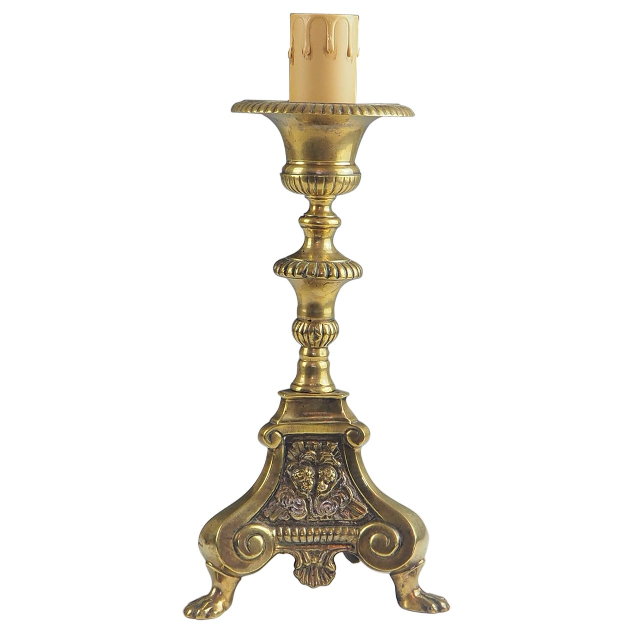 Antique Brass French Church Altar Candle Holder Candlestick Lamp With Puttis