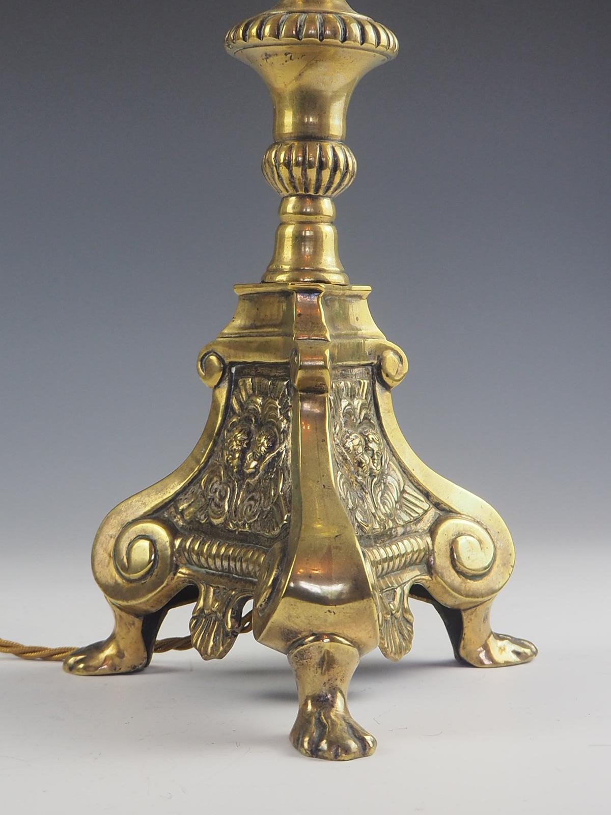 Antique Brass French Church Altar Candlestick Table Lamp with Puttis 4