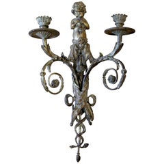 Antique Brass French Sconce with Cherub