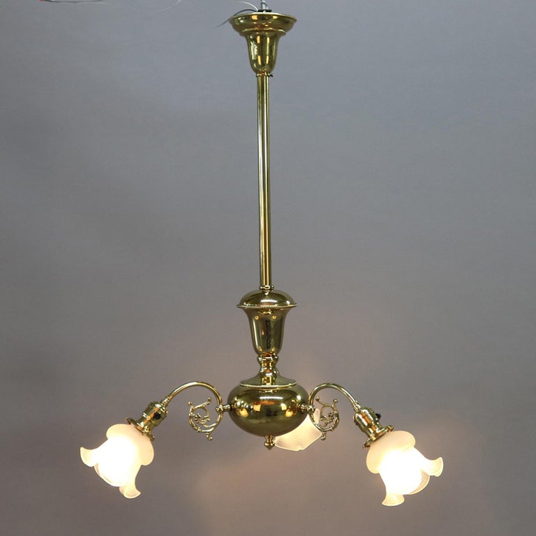 Antique Brass Gas Conversion Style Three Light And Scroll Arm Victorian Antique Brass Gas Conversion Style Three Light And Scroll Arm Chandelier For
