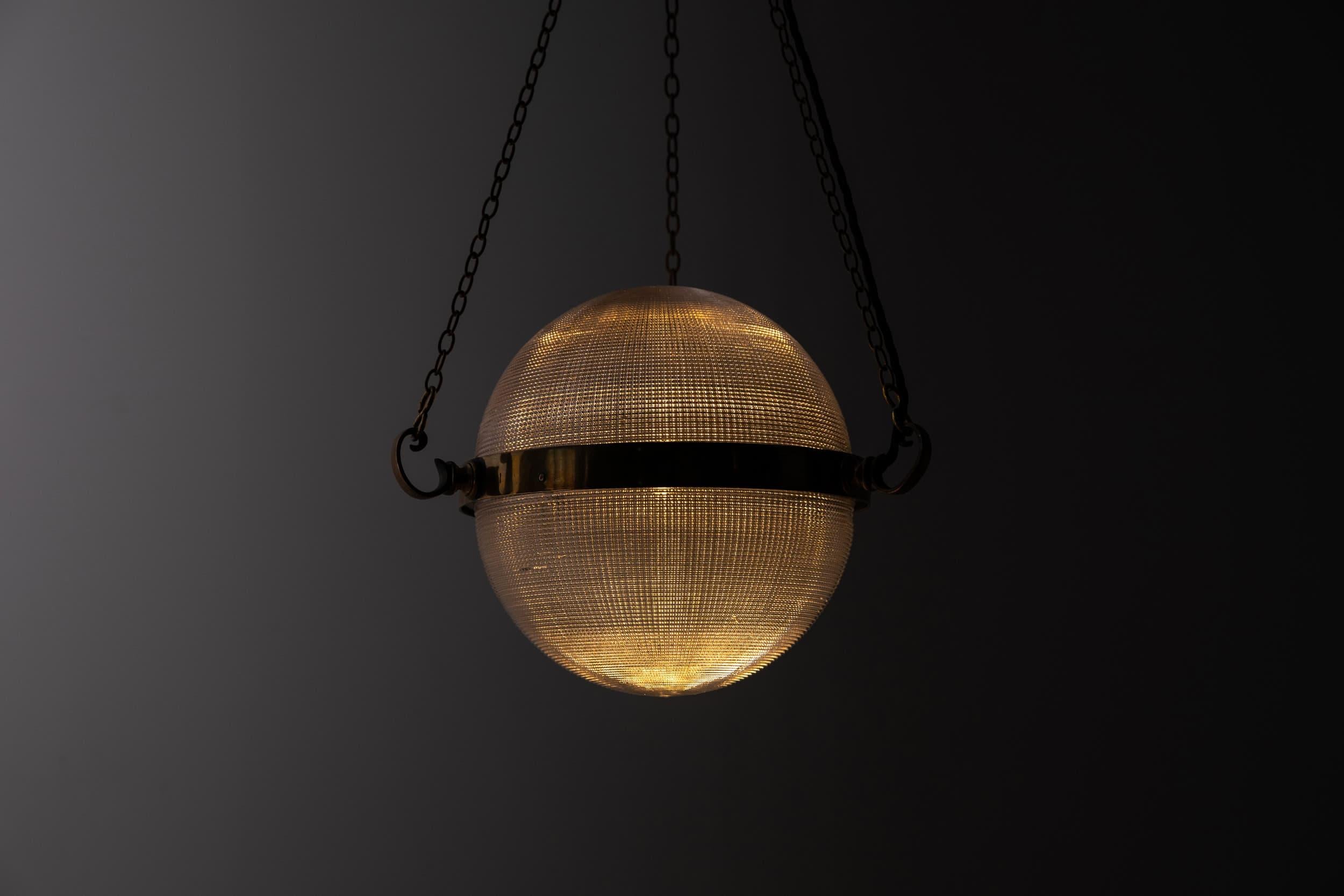 Art Deco Antique Brass GEC Holophane Glass Chandelier Globe Sphere Pendant Light, C.1915