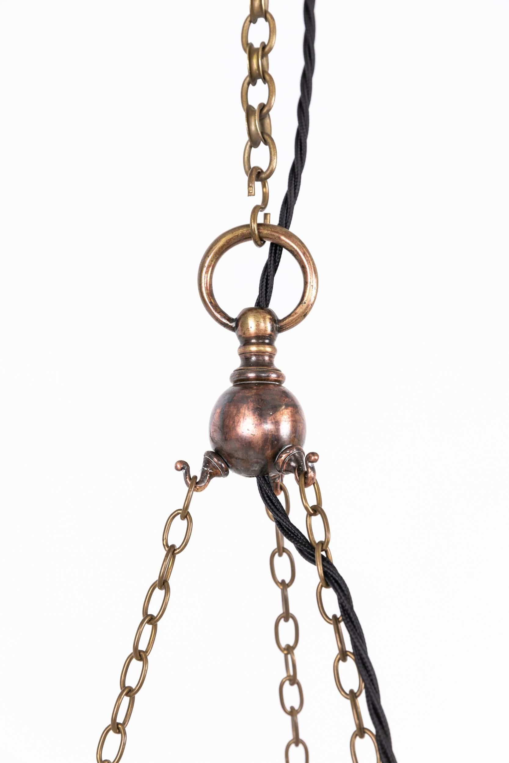 English Antique Brass GEC Holophane Glass Chandelier Globe Sphere Pendant Light, C.1915