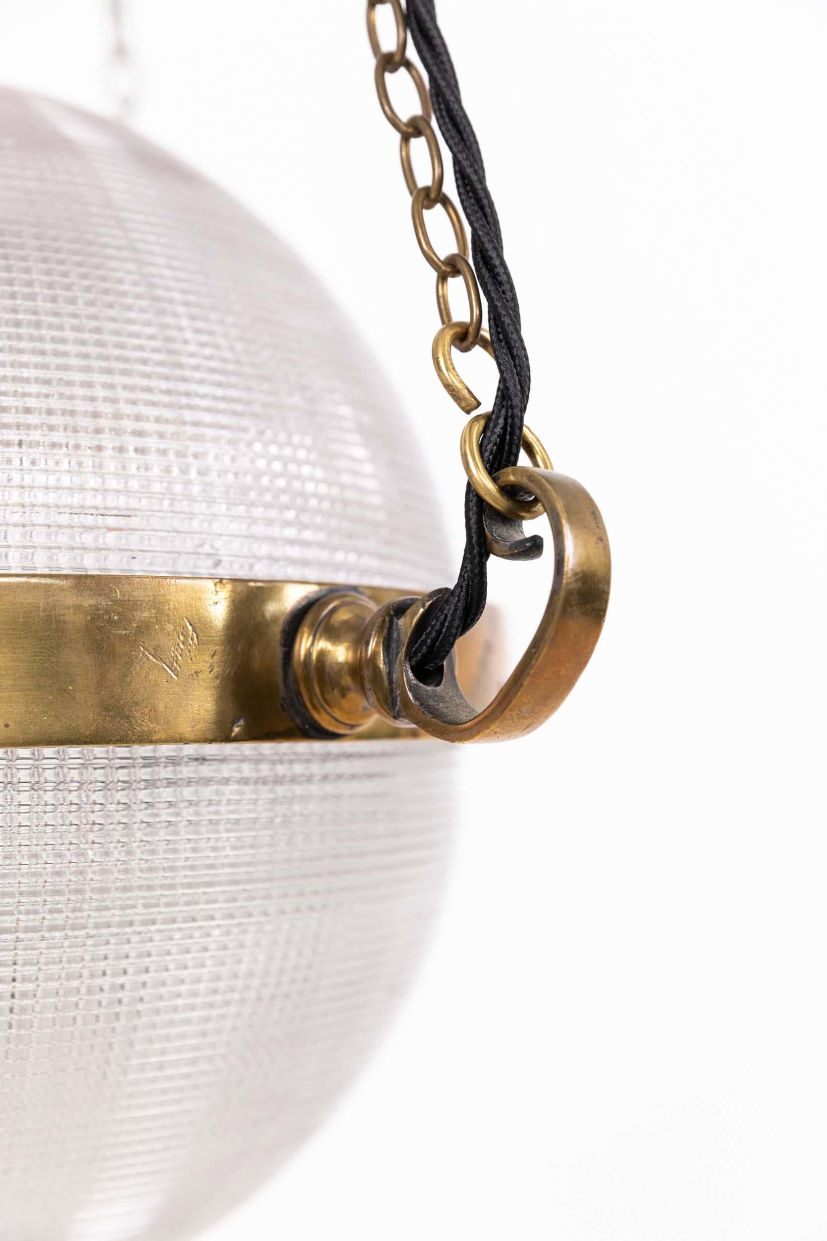 20th Century Antique Brass GEC Holophane Glass Chandelier Globe Sphere Pendant Light, C.1915