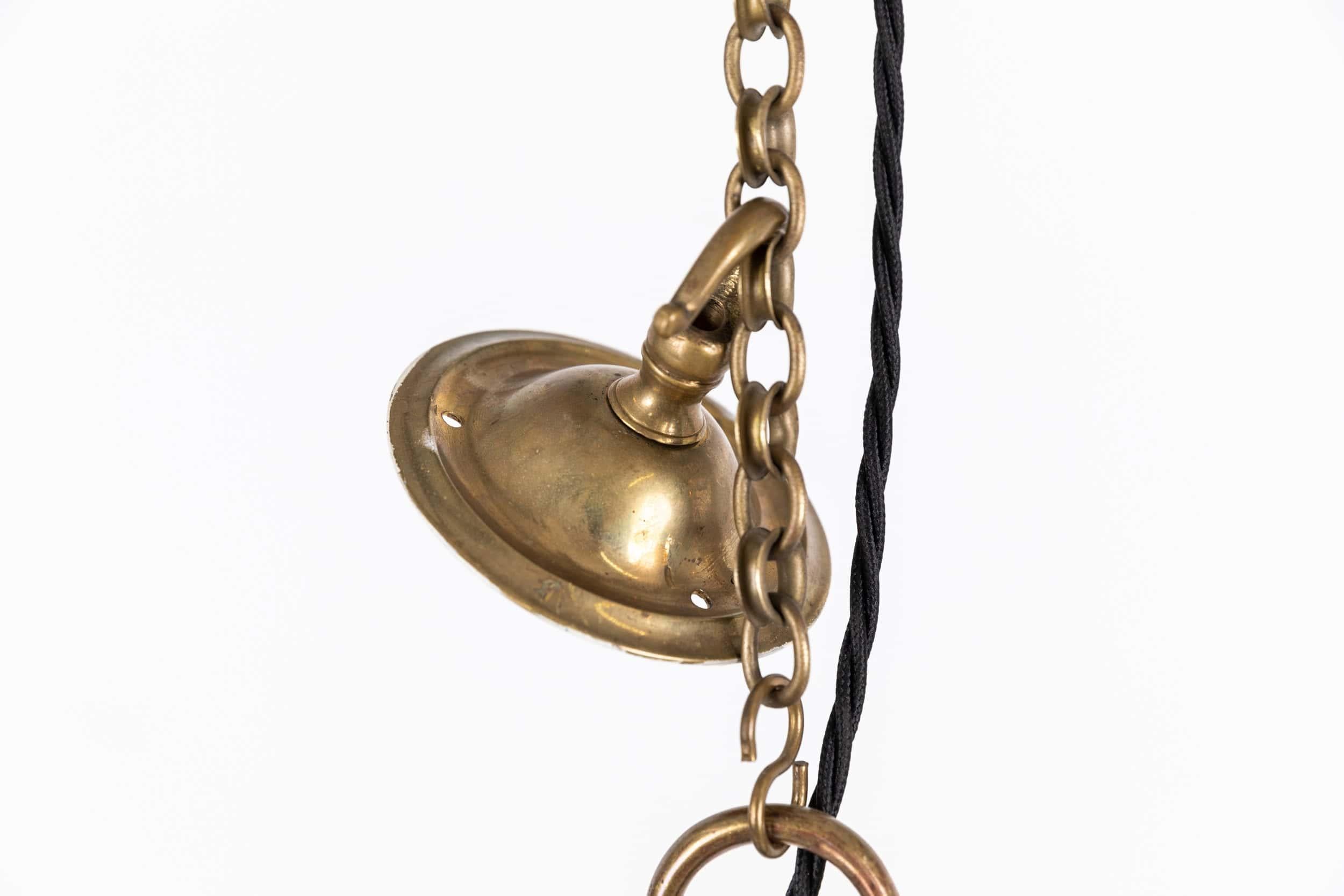 Antique Brass GEC Holophane Glass Chandelier Globe Sphere Pendant Light, C.1915 1
