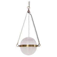 Antique Brass GEC Holophane Glass Chandelier Globe Sphere Pendant Light, C.1915