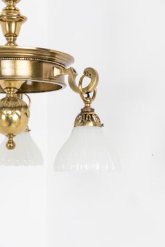 Antique Brass GEC Moonstone Glass Chandelier Pendant Light, C.1920