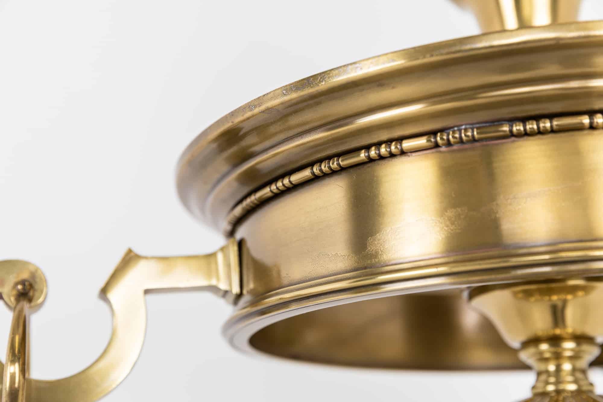 English Antique Brass GEC Moonstone Glass Chandelier Pendant Light, C.1920 For Sale