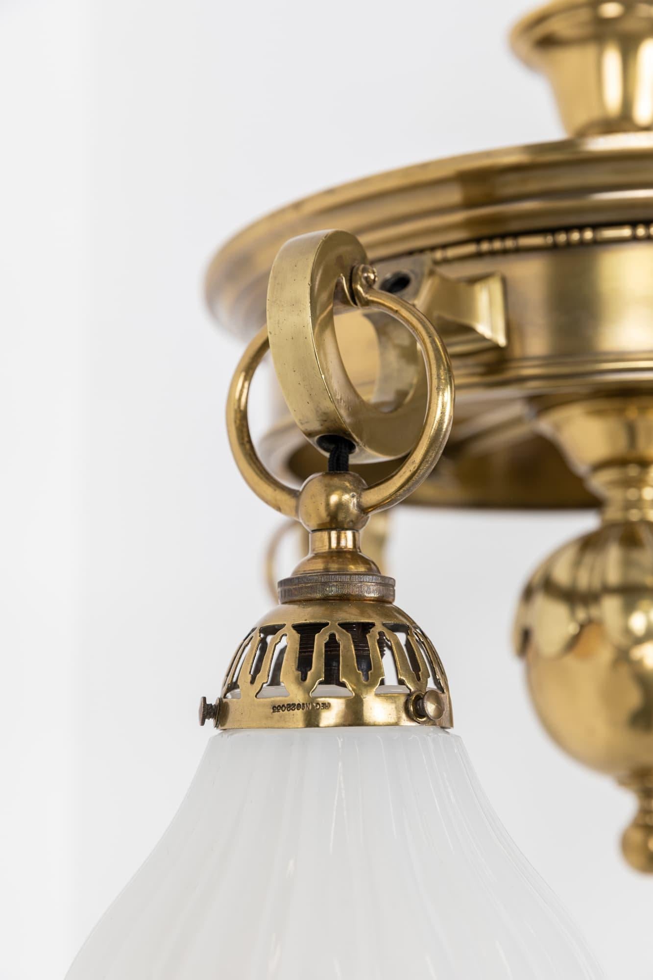 Antique Brass GEC Moonstone Glass Chandelier Pendant Light, C.1920 For Sale 1