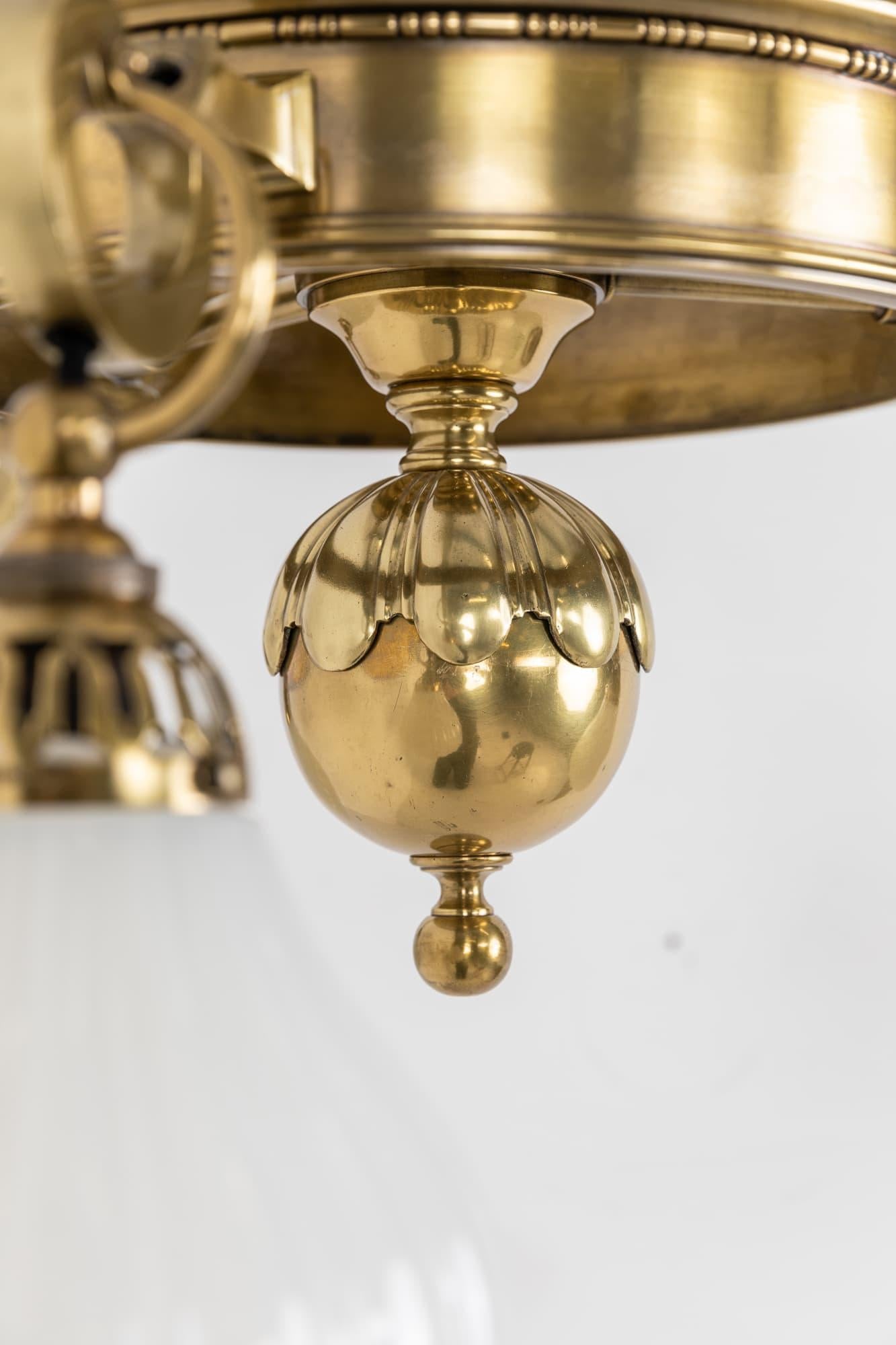 Antique Brass GEC Moonstone Glass Chandelier Pendant Light, C.1920 For Sale 2
