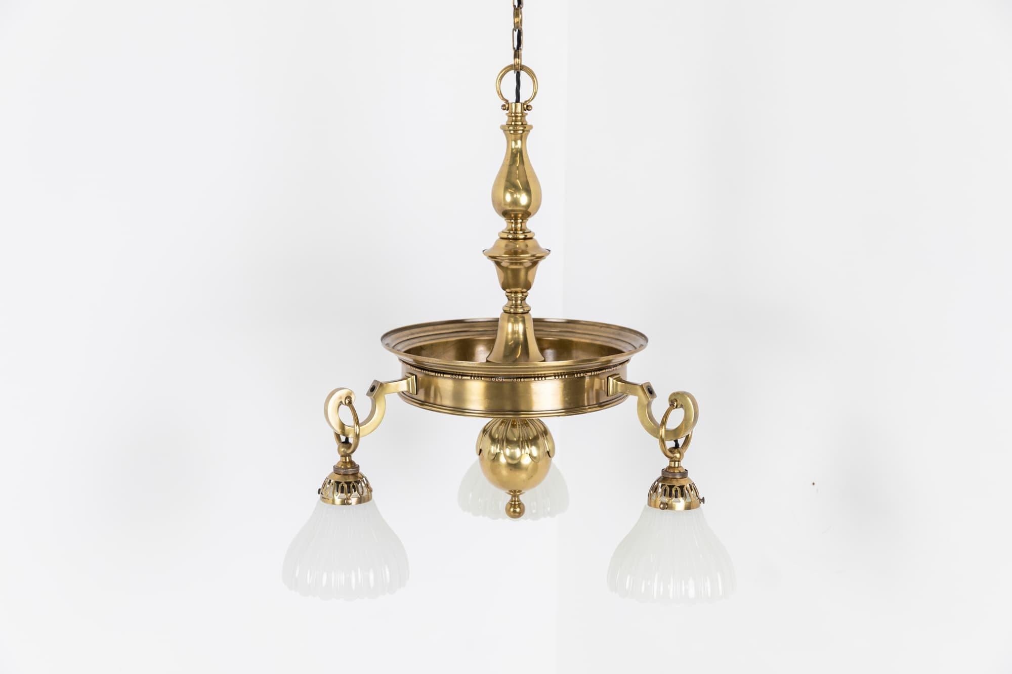 Antique Brass GEC Moonstone Glass Chandelier Pendant Light, C.1920 For Sale 3