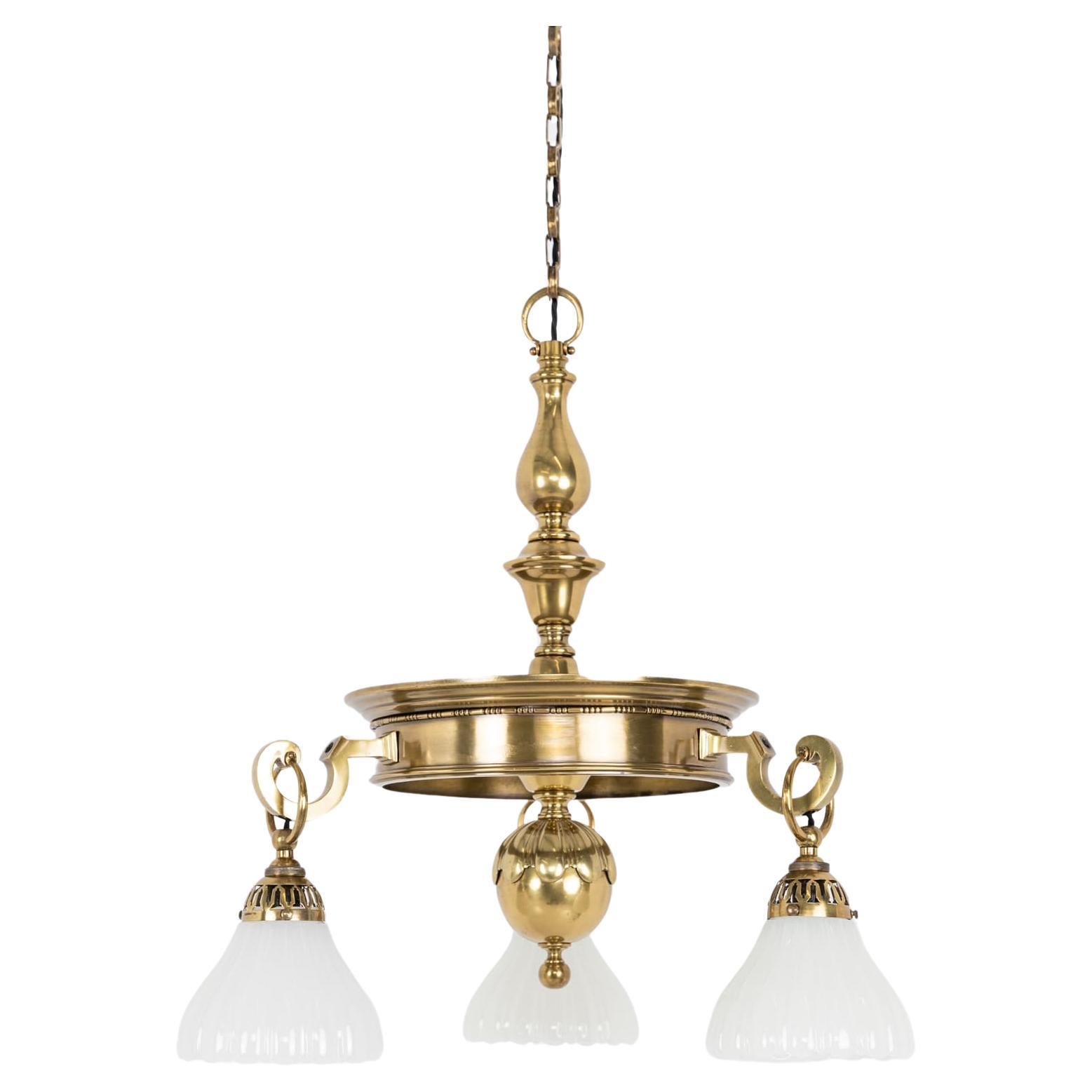 Antique Brass GEC Moonstone Glass Chandelier Pendant Light, C.1920 For Sale