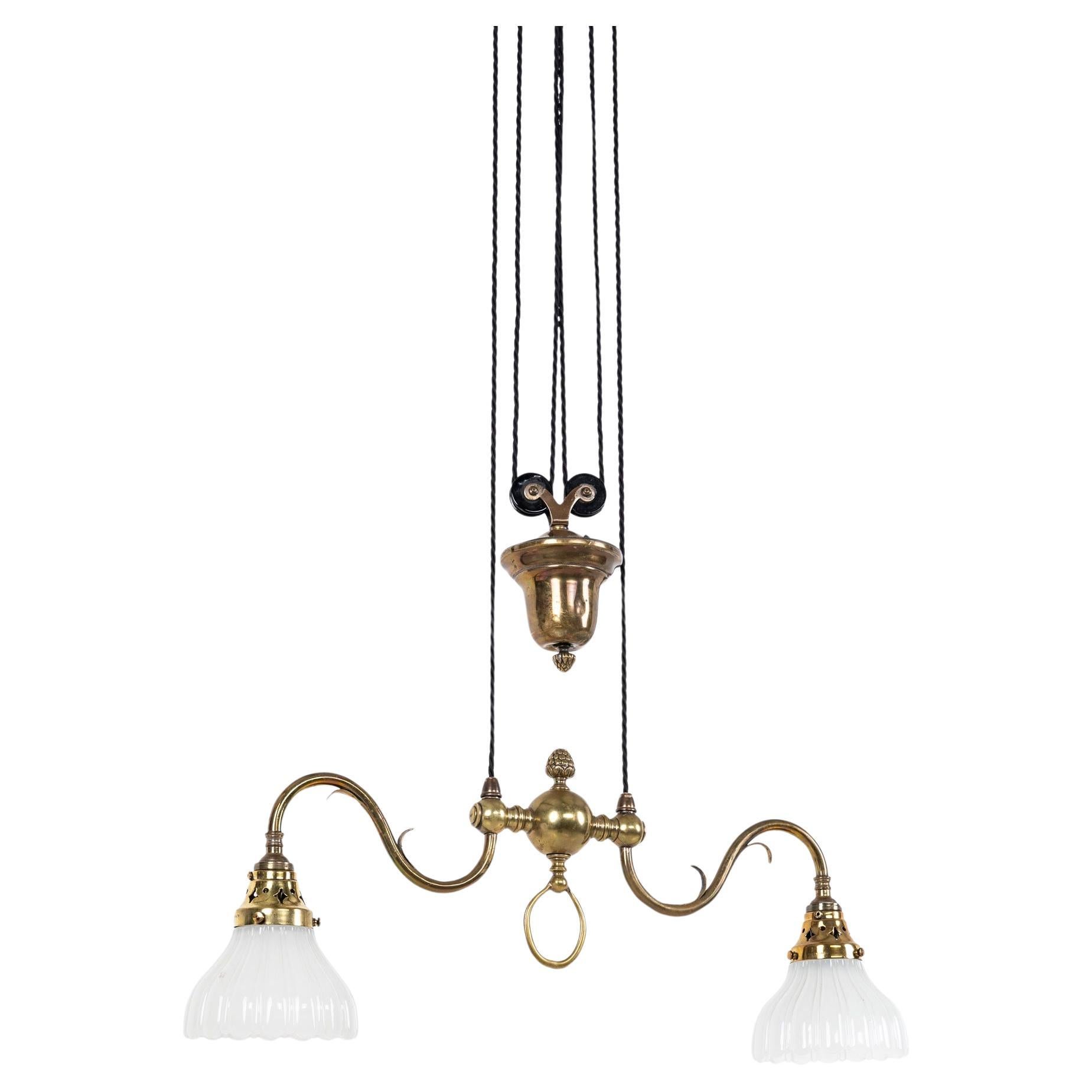 Antique Brass GEC Rise and Fall Moonstone Glass Ceiling Light Lamp, c.1920