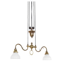 Antique Brass GEC Rise and Fall Moonstone Glass Ceiling Light Lamp, c.1920