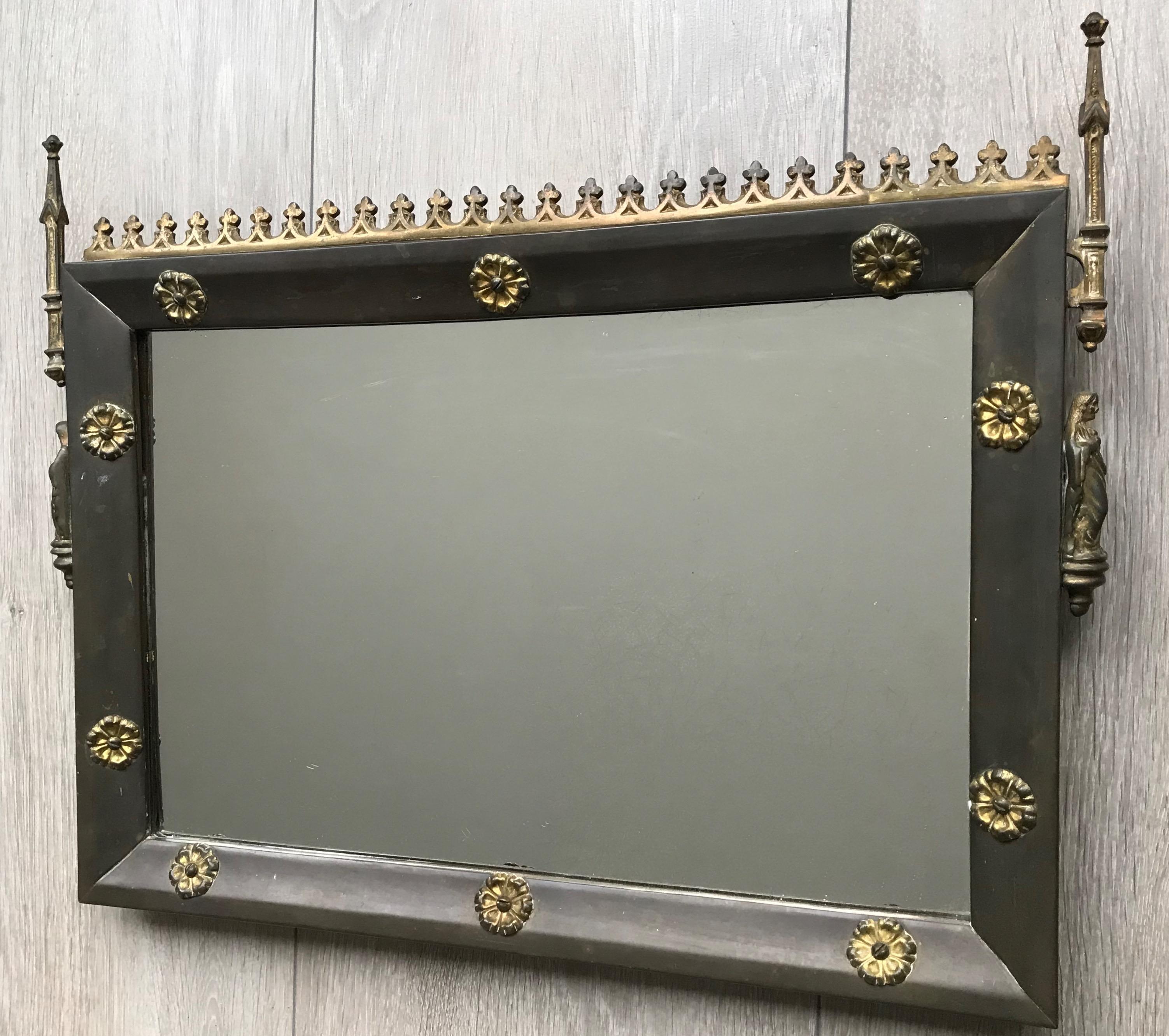 Antique Brass & Gilt Bronze Gothic Revival Wall Mirror with Holy Mary Sculptures 7