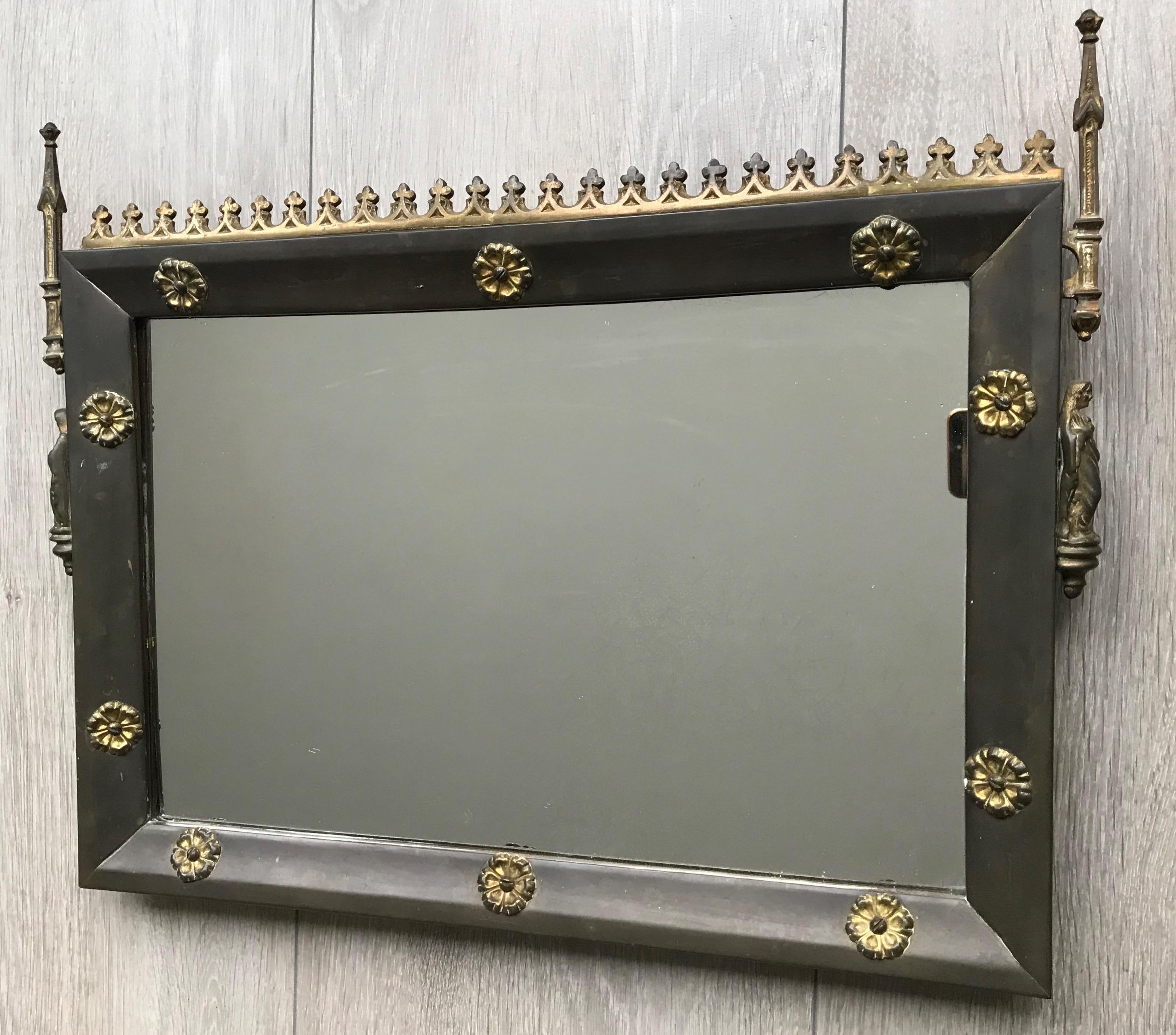 20th Century Antique Brass & Gilt Bronze Gothic Revival Wall Mirror with Holy Mary Sculptures
