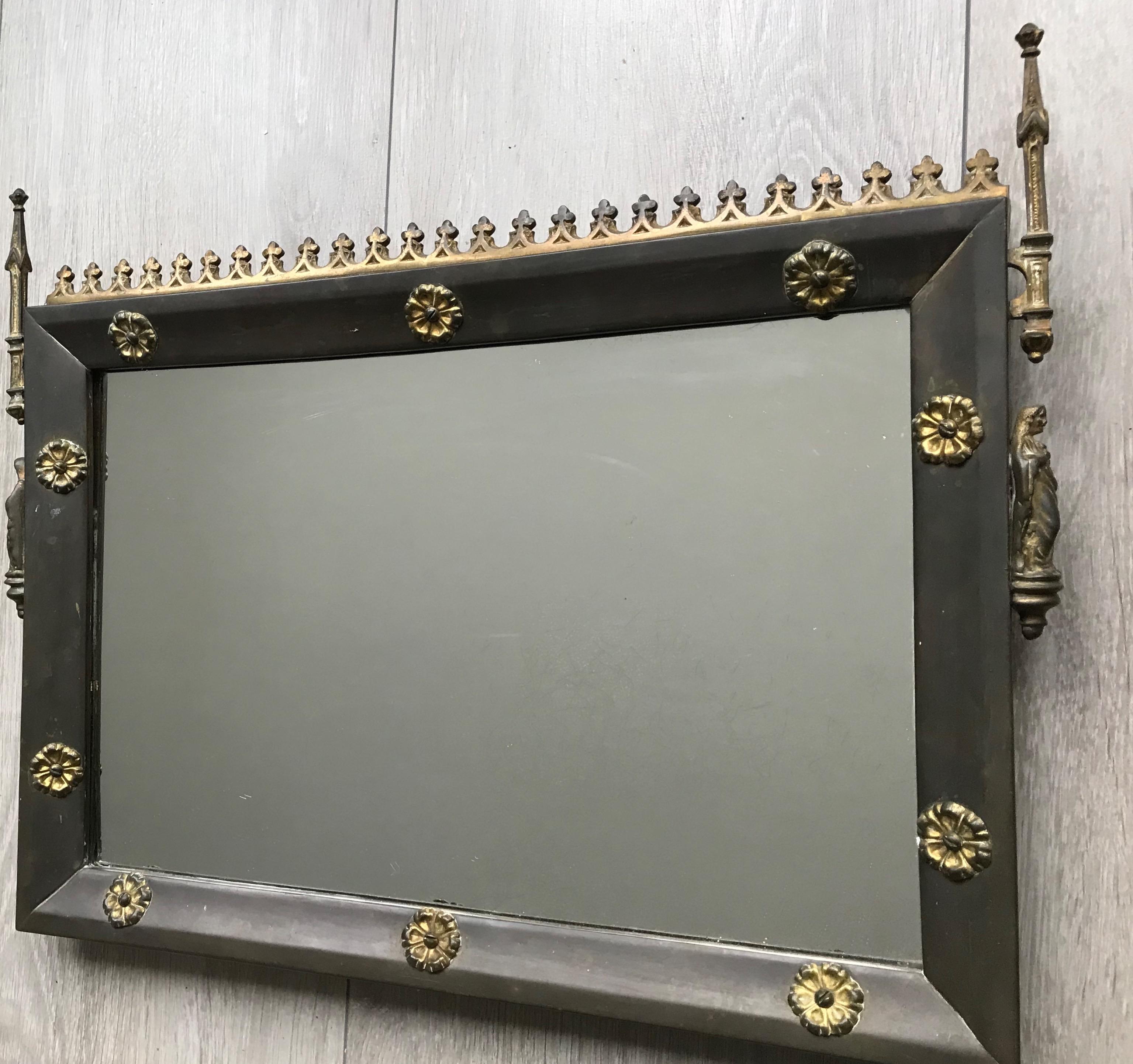 Antique Brass & Gilt Bronze Gothic Revival Wall Mirror with Holy Mary Sculptures 3