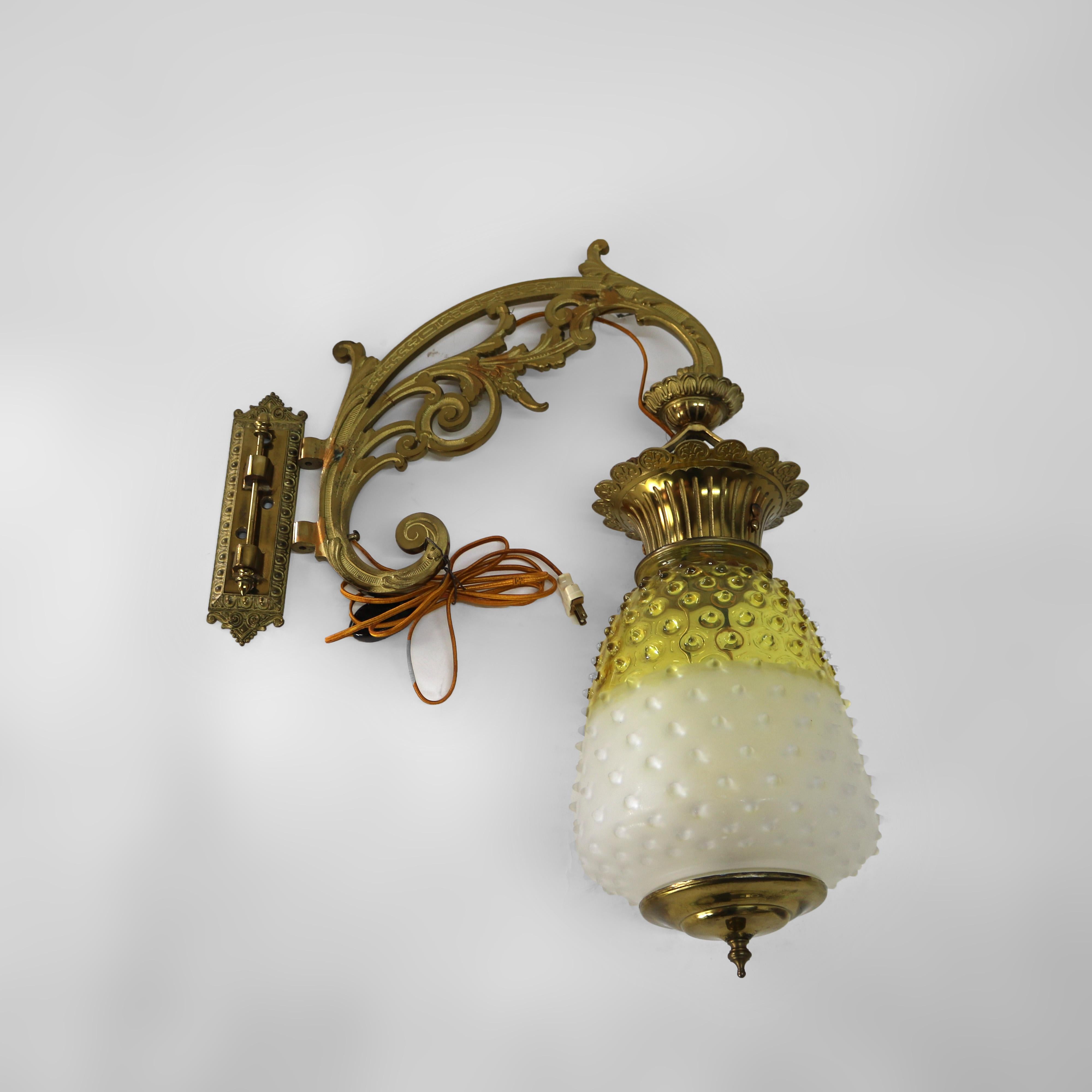 American Antique Brass, Gilt Bronze & Hobnail Amberina Glass Hanging Pendant Sconce c1890 For Sale