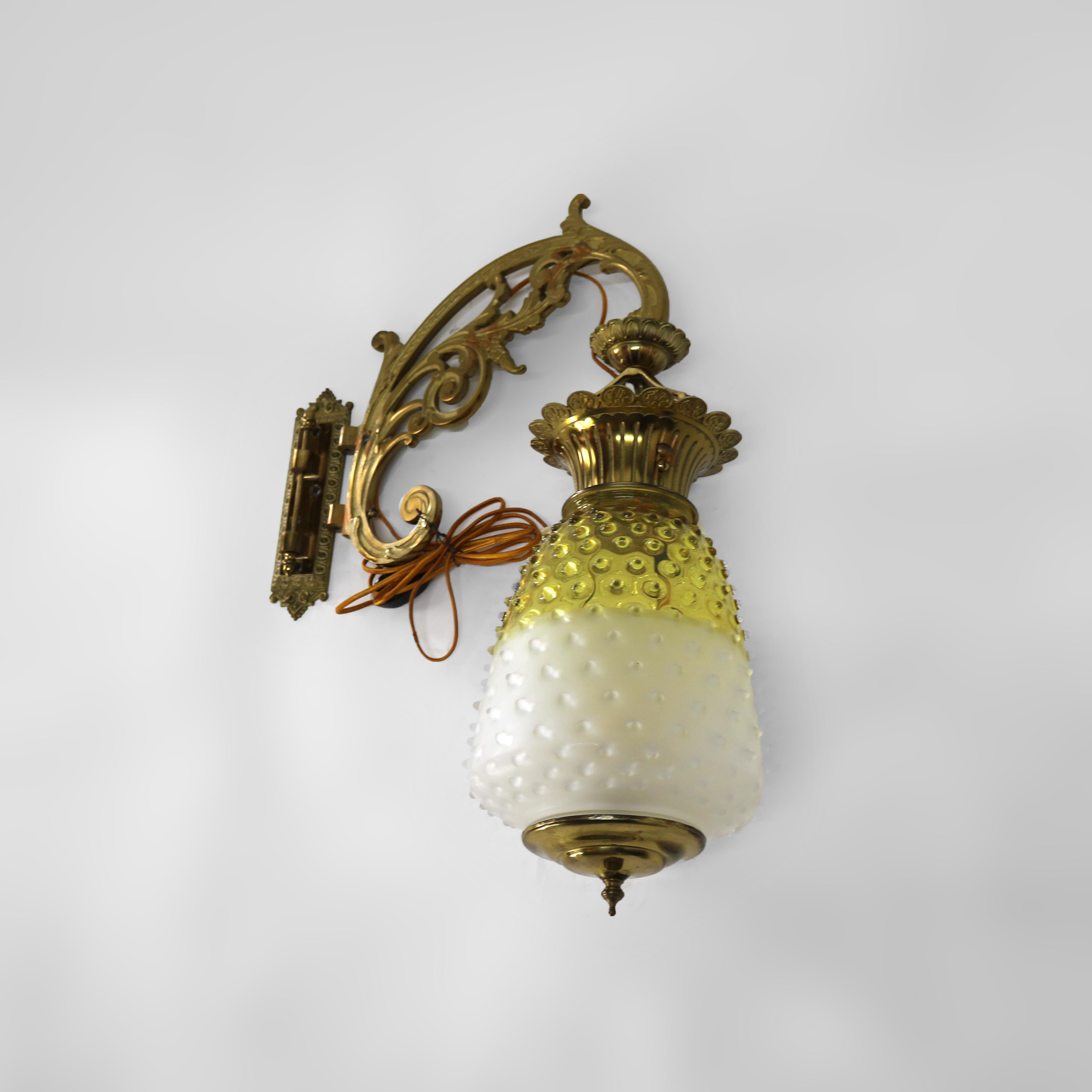 Antique Brass, Gilt Bronze & Hobnail Amberina Glass Hanging Pendant Sconce c1890 In Good Condition For Sale In Big Flats, NY