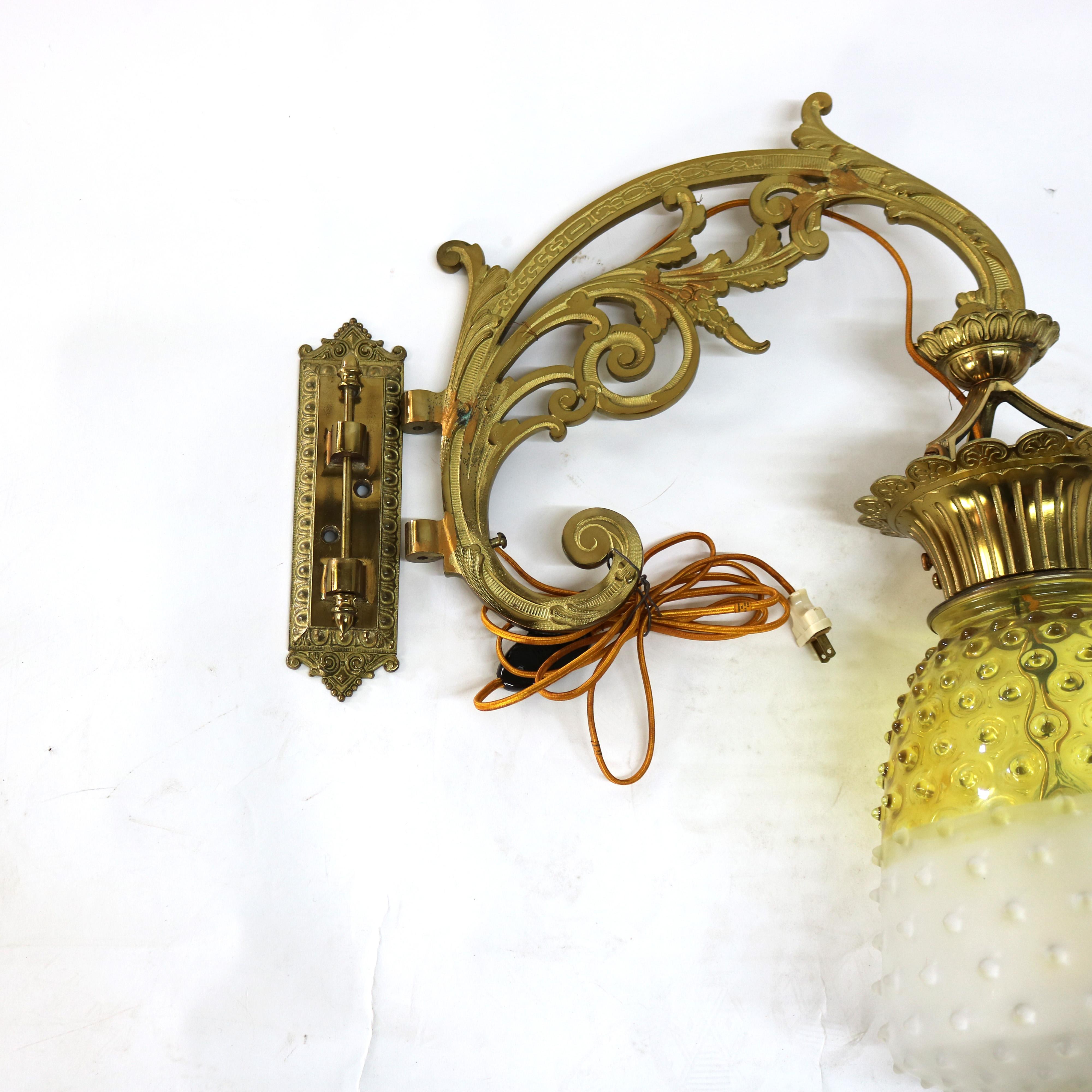 19th Century Antique Brass, Gilt Bronze & Hobnail Amberina Glass Hanging Pendant Sconce c1890 For Sale