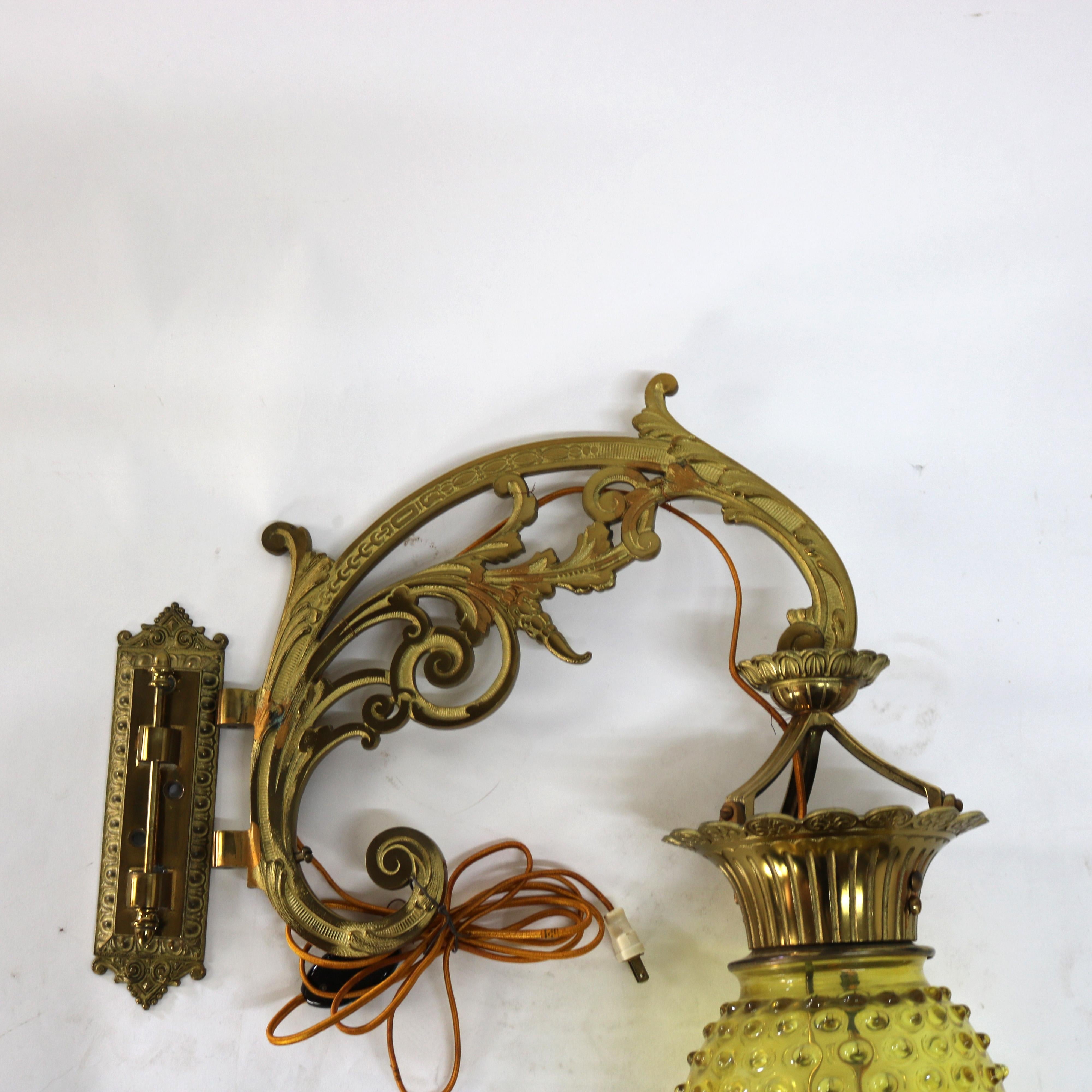 Antique Brass, Gilt Bronze & Hobnail Amberina Glass Hanging Pendant Sconce c1890 For Sale 1